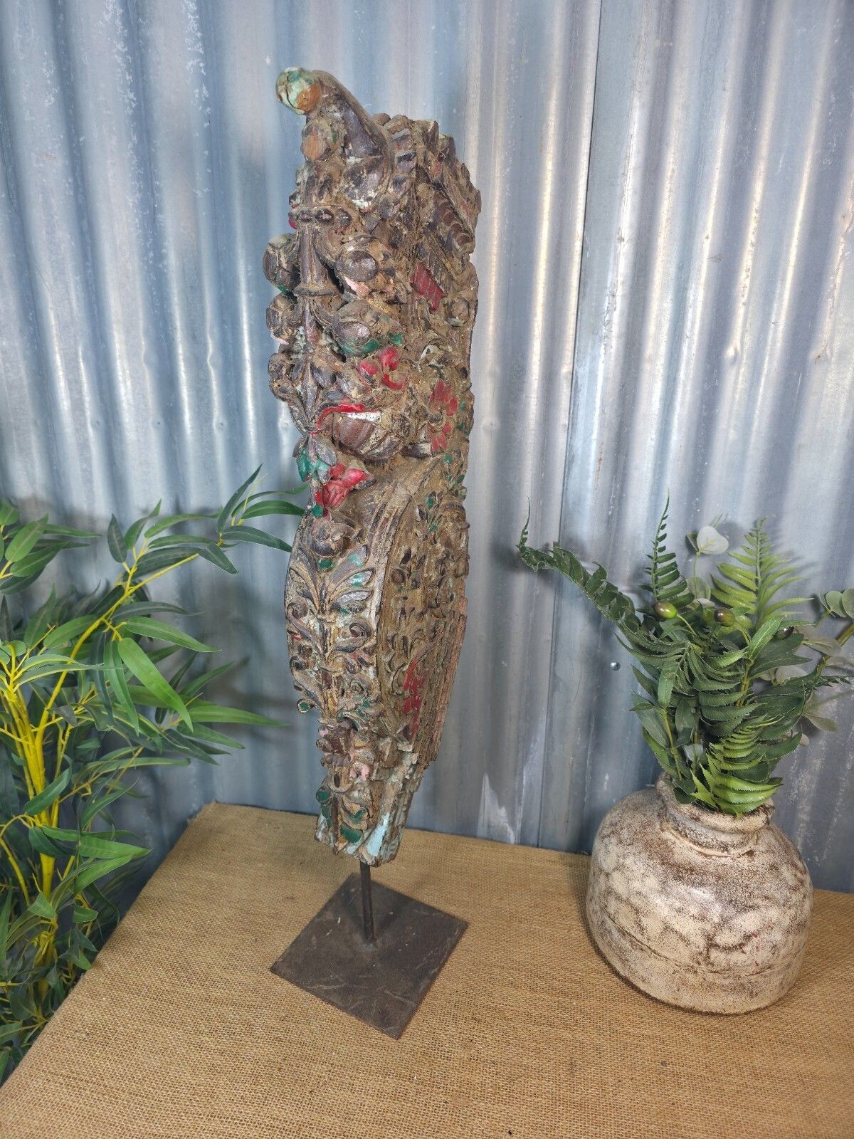 Antique 19th Century Indian Hand Carved Wooden Architectural Corbel On Stand photo Garden Decor