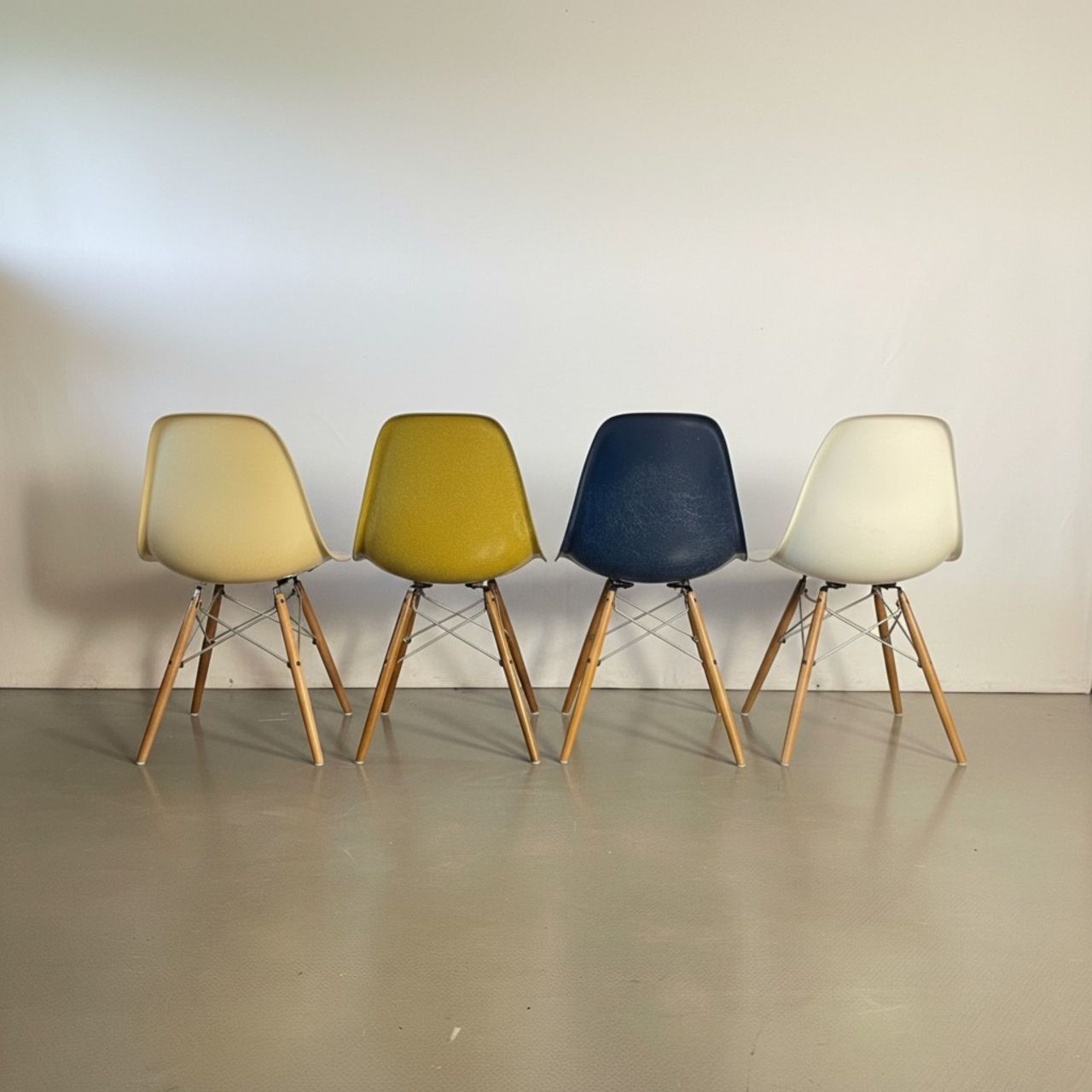 Eames Herman Miller Dsw Side Chairs In Parchment, Navy Blue, Light Olive And Light Ochre With Slight Imperfections photo buy