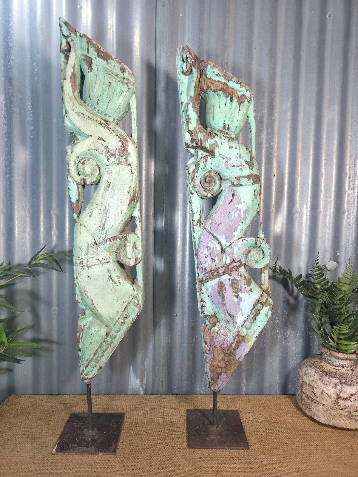 Pair Of Antique 19th Century Indian Hand Carved Wooden Architectural Corbels photo vintage