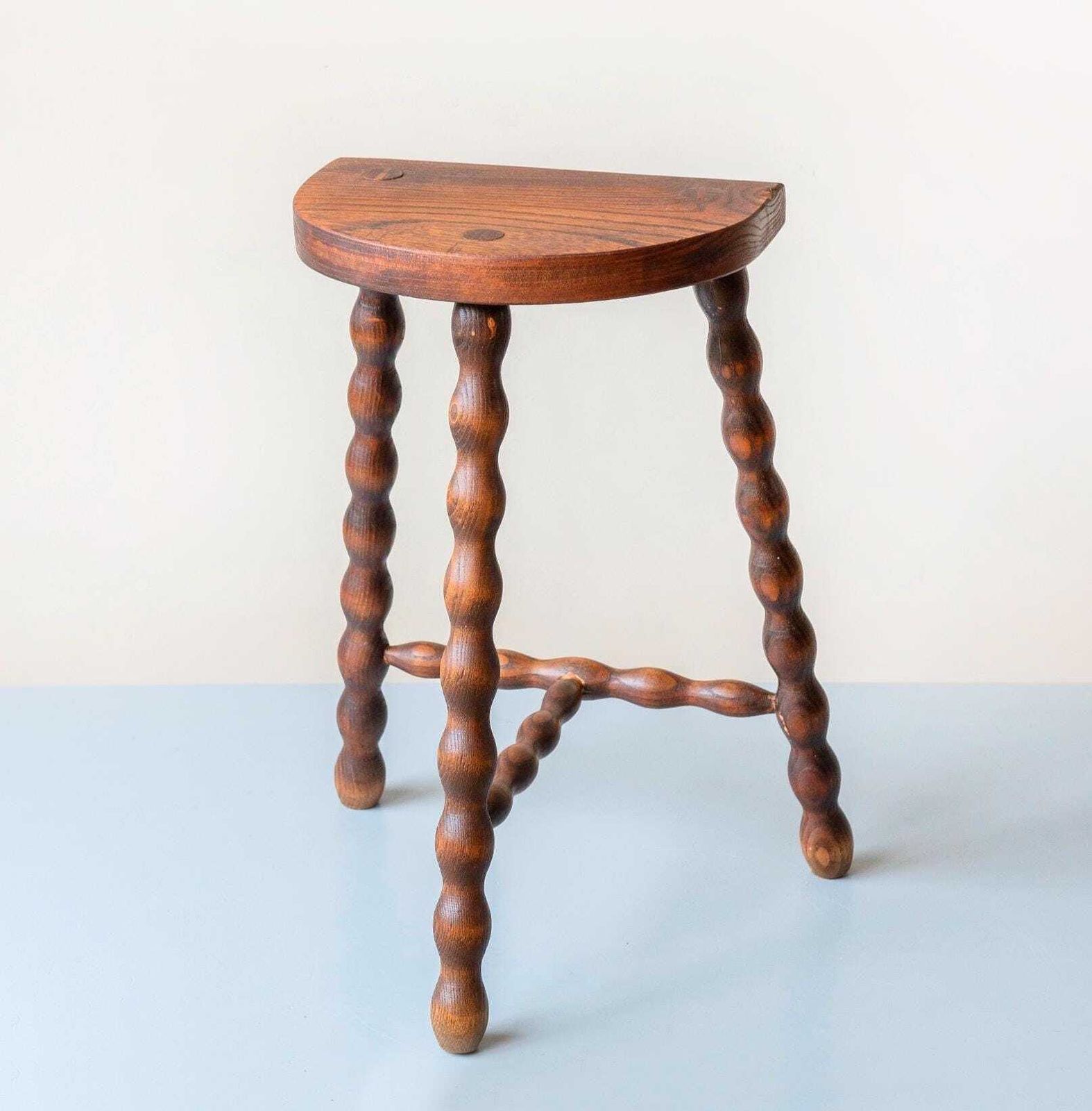 Vintage Wooden Milking Stool With Turned Bobbin Legs – Rustic Farmhouse Plant Stand