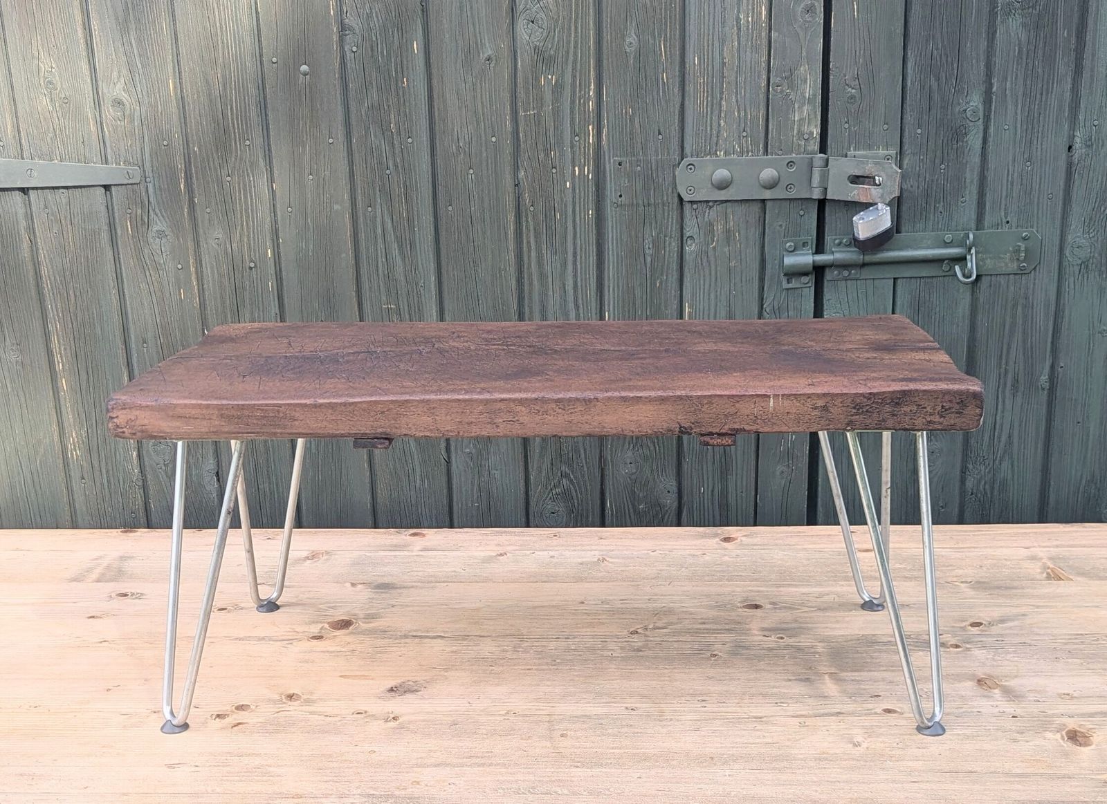 photo furniture Vintage Reclaimed Chopping Block Coffee Table Steel Legs   Delivery Available 0205.