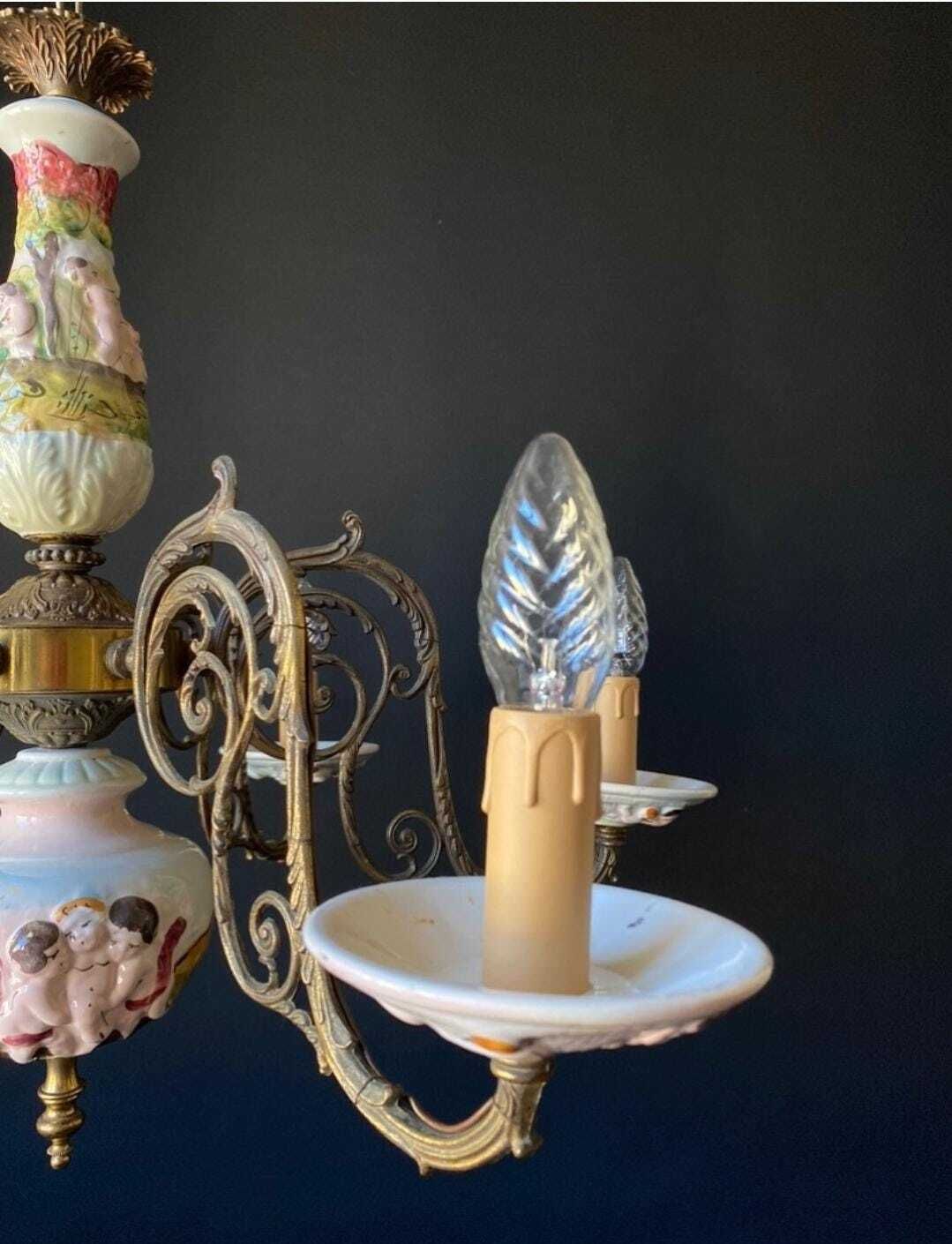 Duty Free For USA. Antique Ceramic And Brass Chandelie photo Lighting
