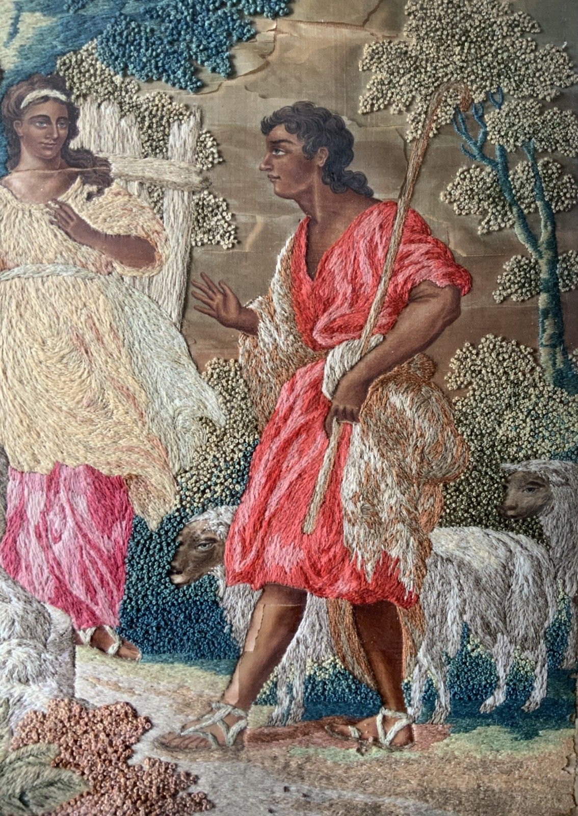 18th Century George III Embroidered Silk And Wool Pastoral Farming Picture photo vintage
