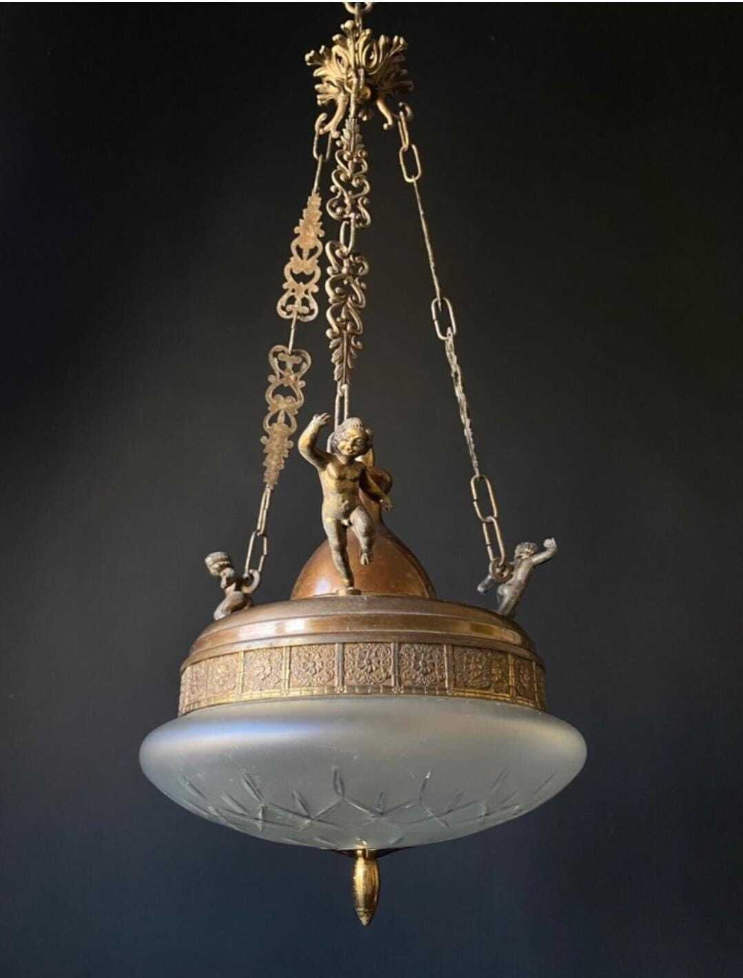 photo for sale Duty Free USA. Antique Brass And Glass Chandelier From Italy With Cherubs