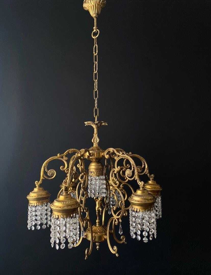 Lustre d'époque doré et cristal, sans droits de douane pour les États-Unis