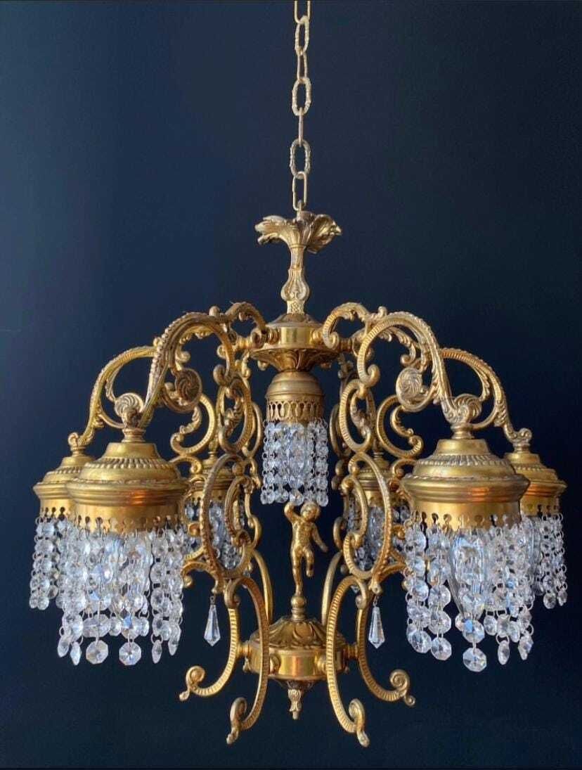 Lustre d'époque doré et cristal, sans droits de douane pour les États-Unis photo for sale