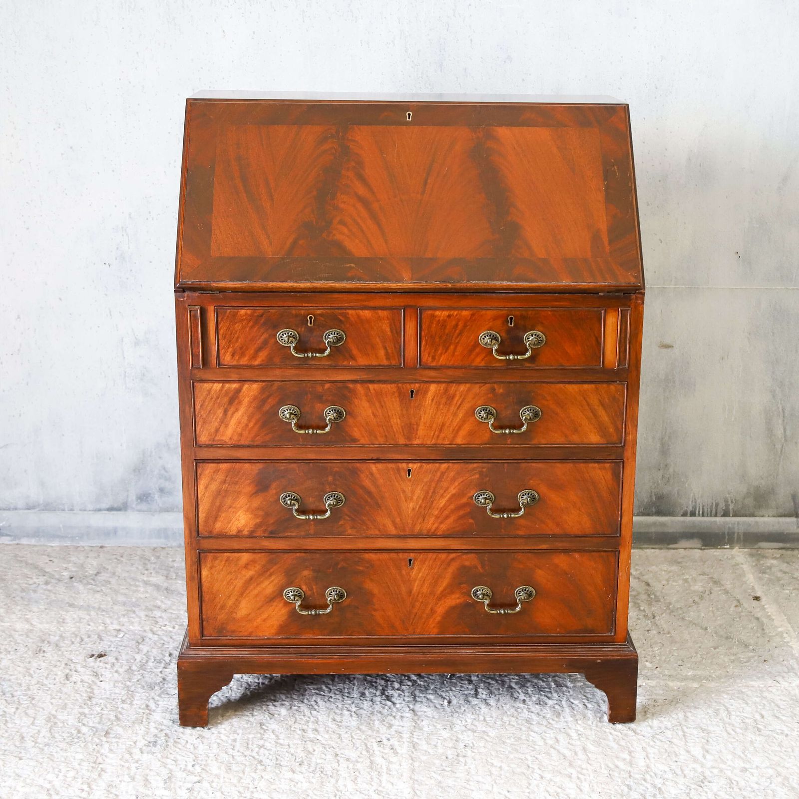 English 1930s Flame Fronted Mahogany Bureau With Warm Colour & Character photo furniture