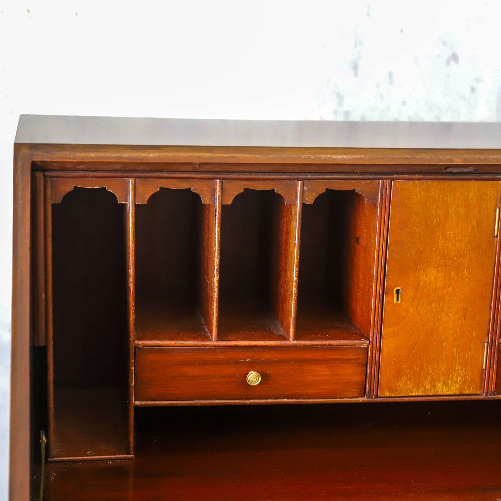 English 1930s Flame Fronted Mahogany Bureau With Warm Colour & Character photo buy