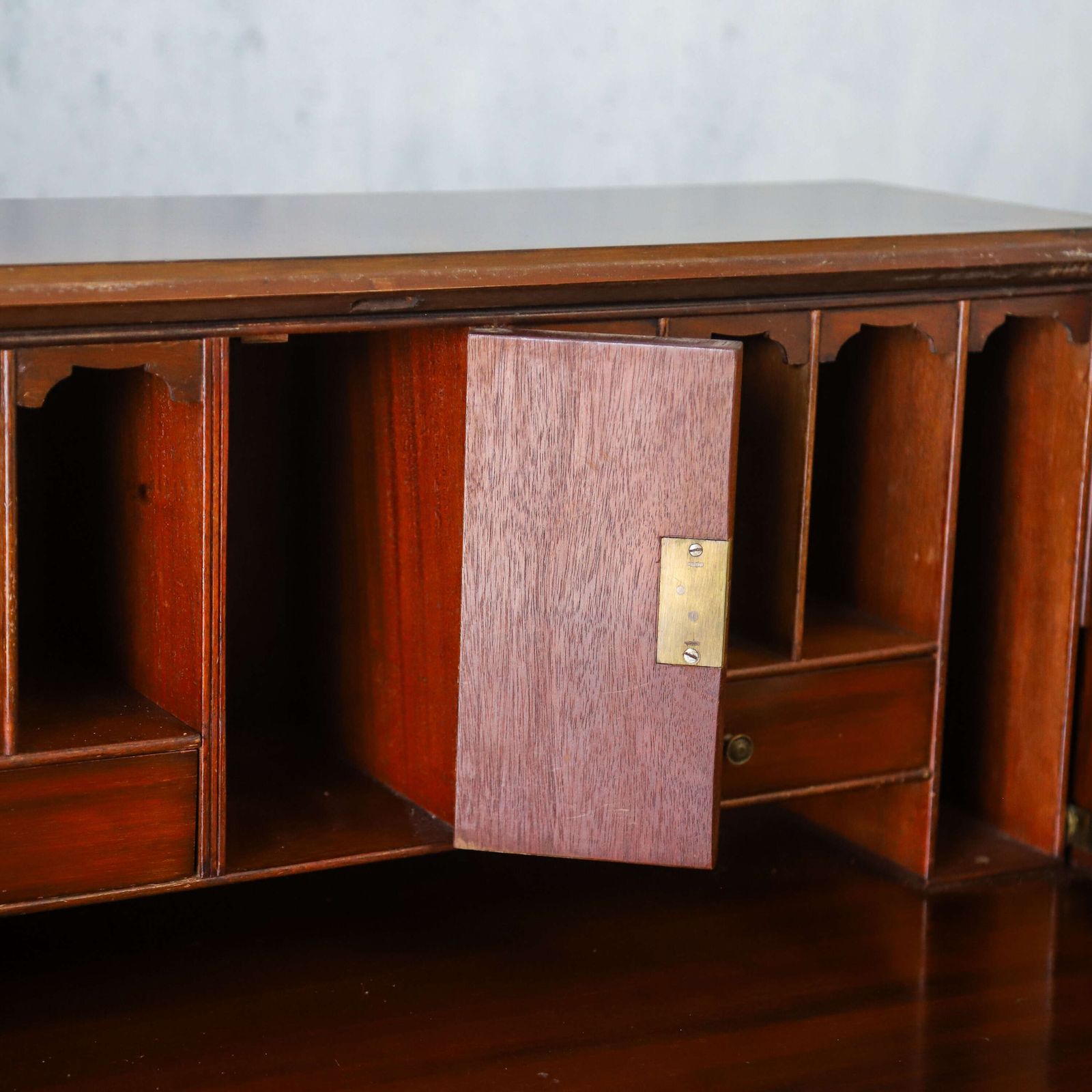 English 1930s Flame Fronted Mahogany Bureau With Warm Colour & Character photo vintage