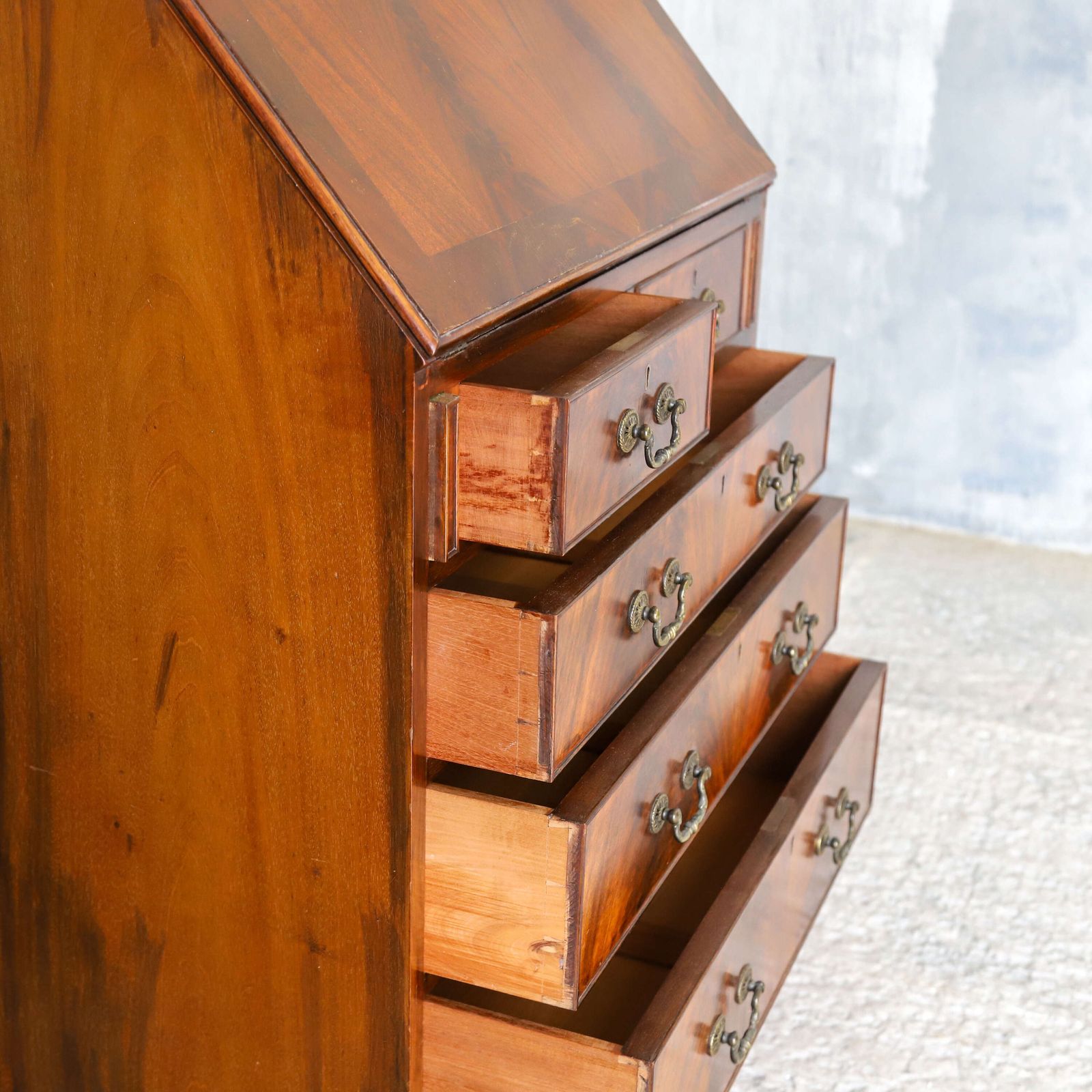 photo vinterior English 1930s Flame Fronted Mahogany Bureau With Warm Colour & Character