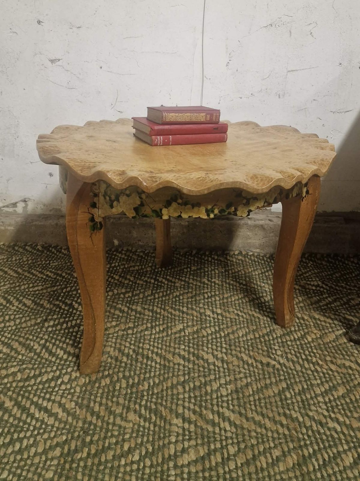 1930s Solid Hand Chiselled Burr Wood Occasional Table, Tortoiseshell Top, Painted Folk Art, Signed 1933 photo vinterior