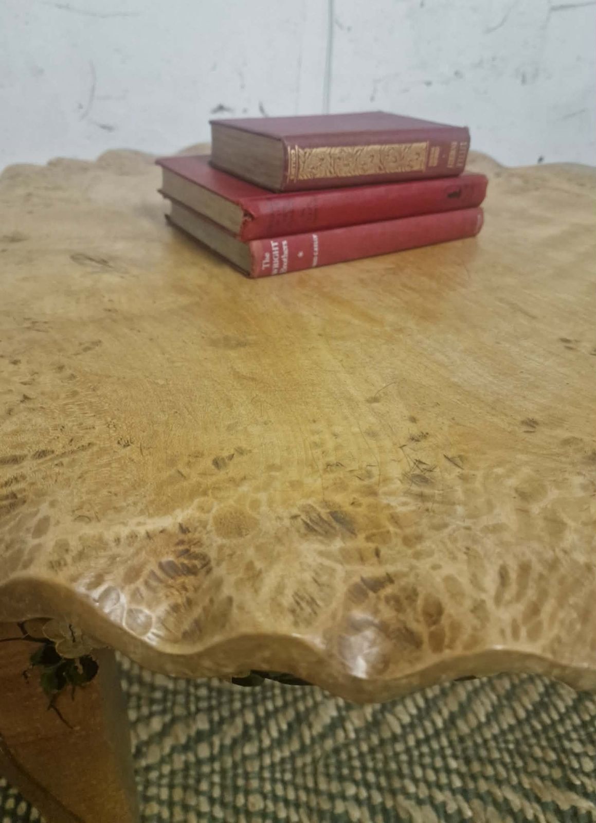 1930s Solid Hand Chiselled Burr Wood Occasional Table, Tortoiseshell Top, Painted Folk Art, Signed 1933 photo vintage