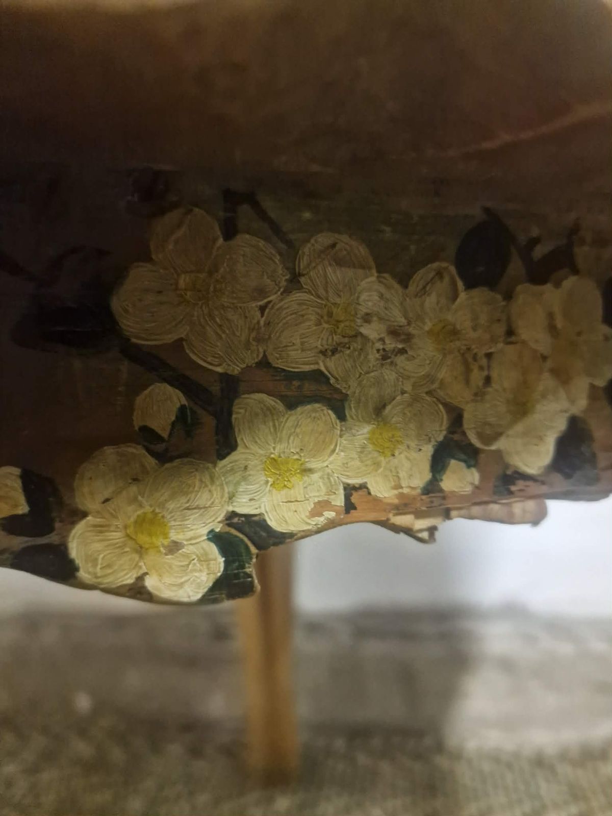 photo furniture 1930s Solid Hand Chiselled Burr Wood Occasional Table, Tortoiseshell Top, Painted Folk Art, Signed 1933