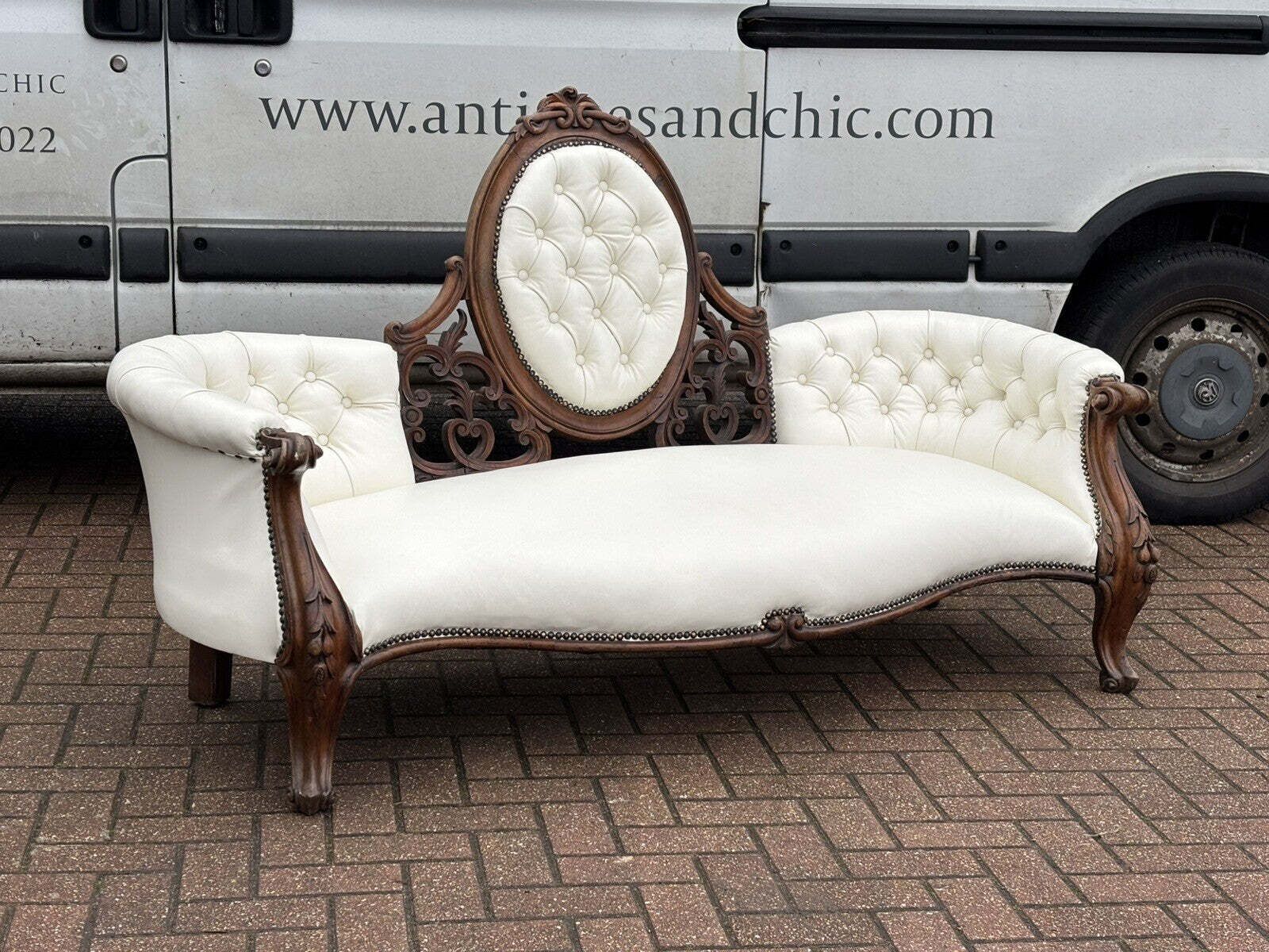 Victorian Sofa In White Leather, Walnut Show Frame, Cabriole Legs. photo for sale