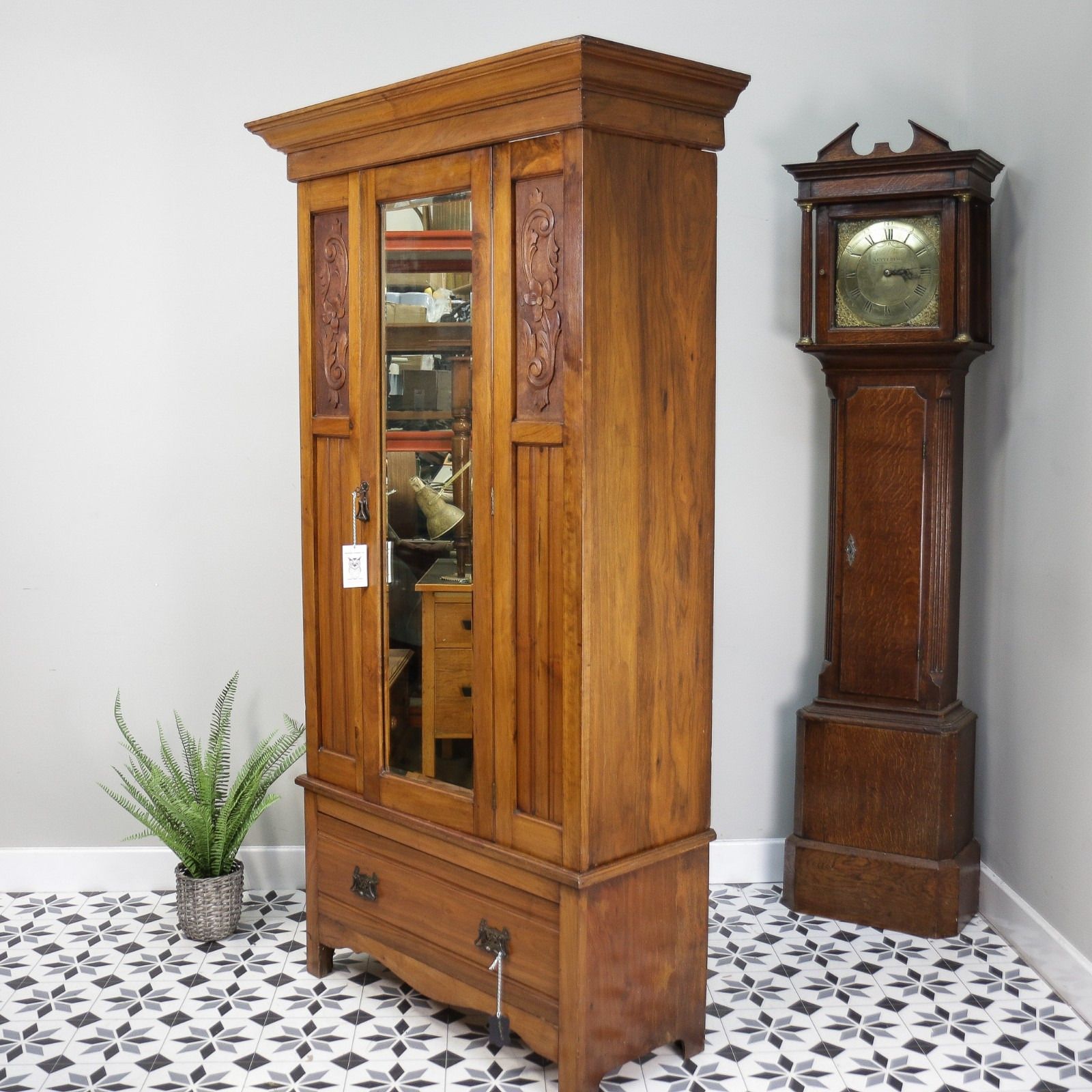 Edwardian Walnut And Carved Mahogany Wardrobe With Bevel Edged Mirrors & Drawer photo furniture