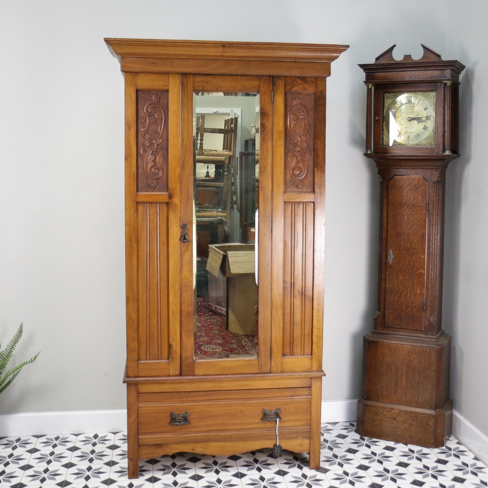 Edwardian Walnut And Carved Mahogany Wardrobe With Bevel Edged Mirrors & Drawer photo 425.0