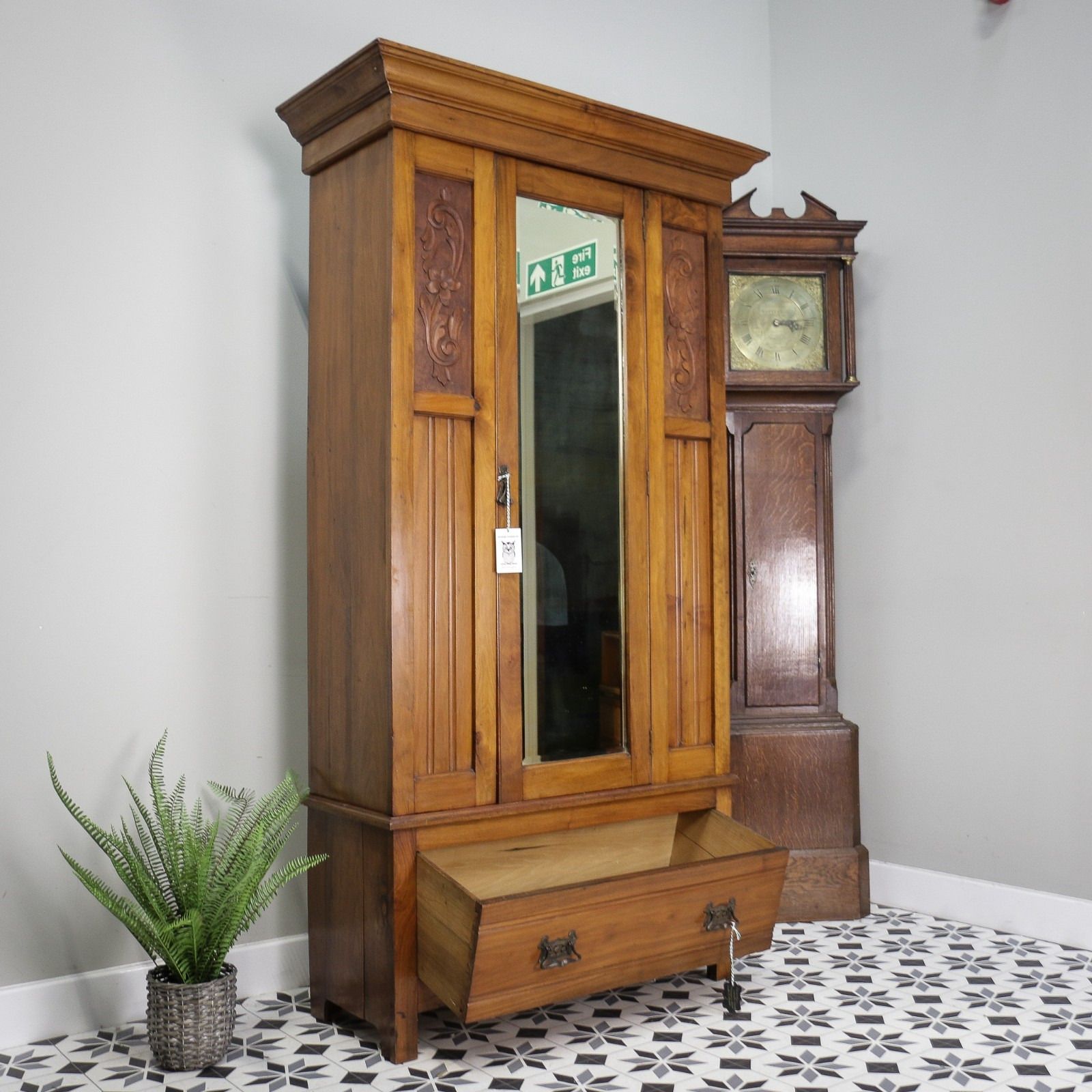 photo furniture Edwardian Walnut And Carved Mahogany Wardrobe With Bevel Edged Mirrors & Drawer