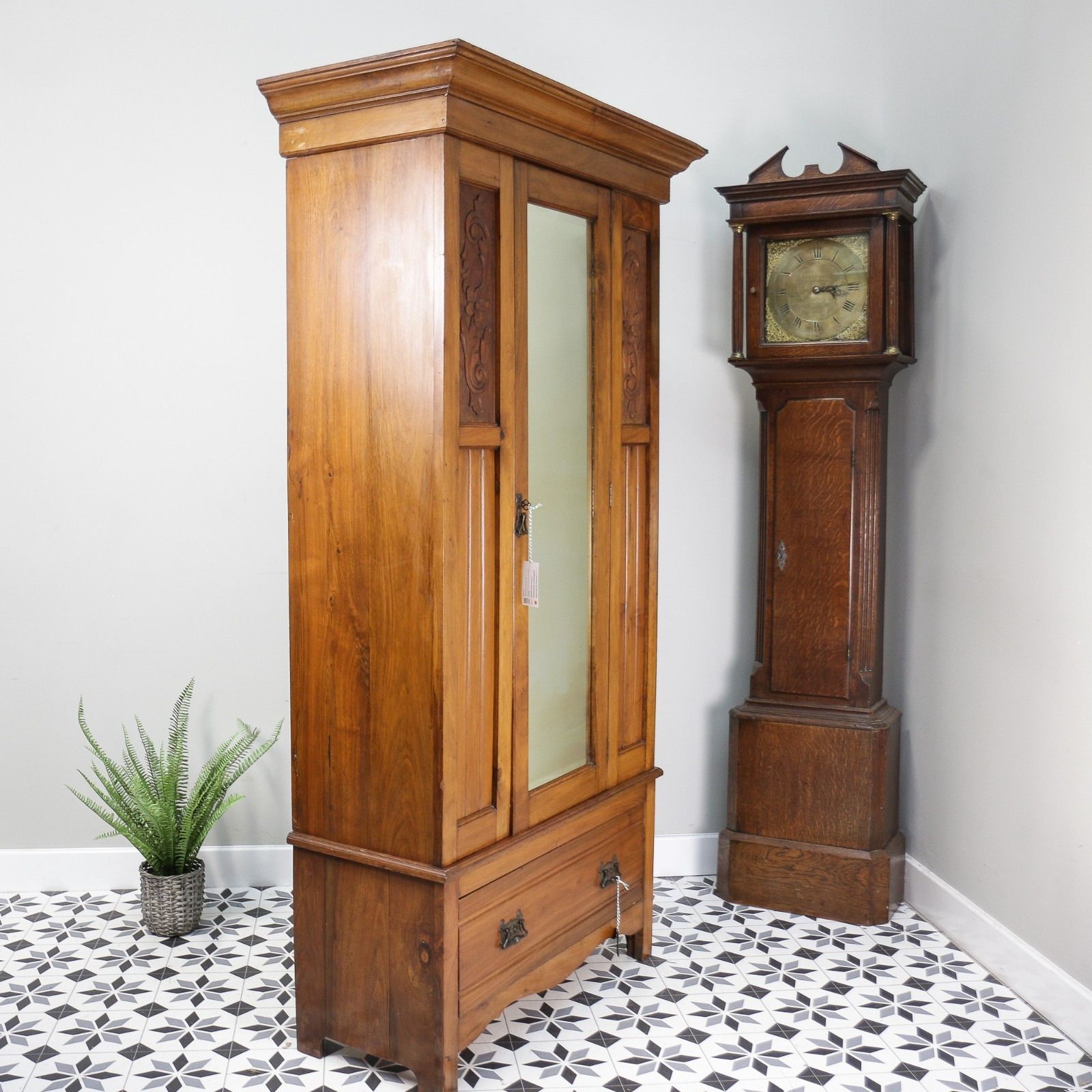 photo for sale Edwardian Walnut And Carved Mahogany Wardrobe With Bevel Edged Mirrors & Drawer