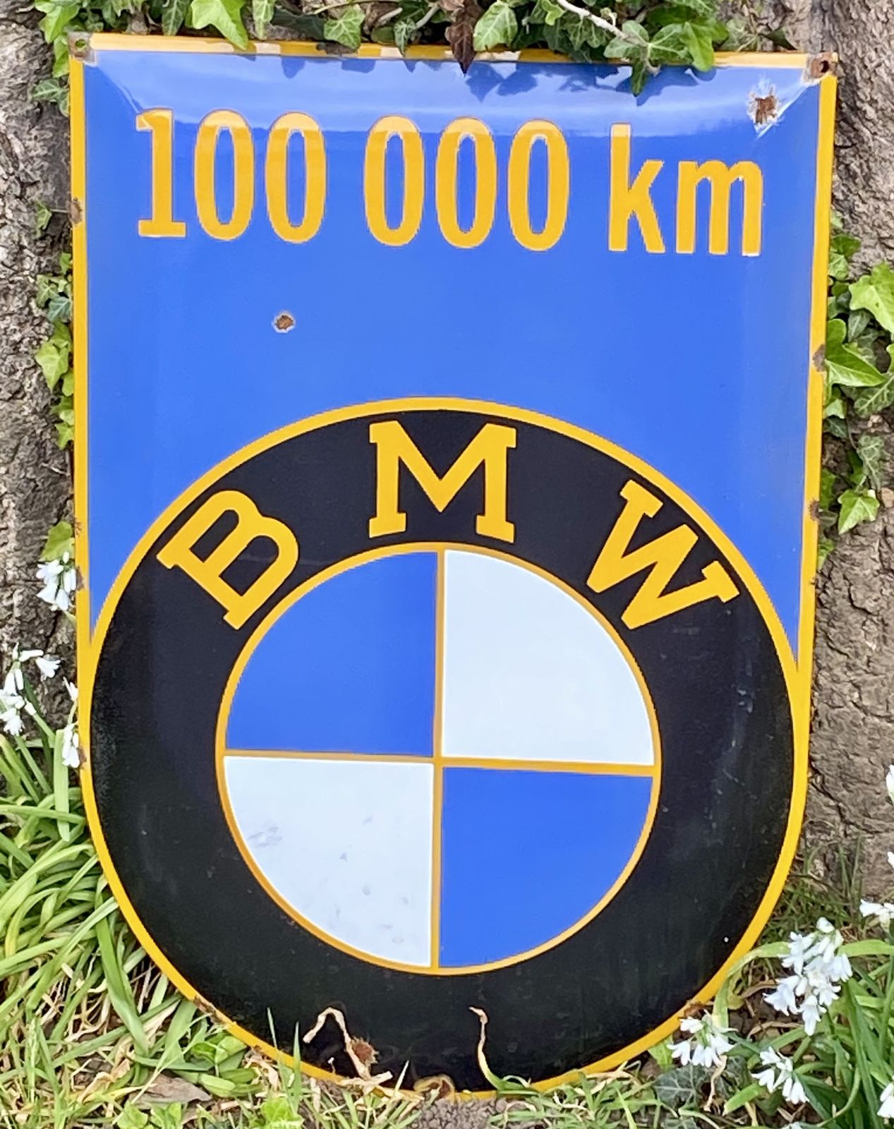 Rare Large Enamel Metal Bmw 100,000 Km High Mileage Award Sign Dealer Dealership Garage Workshop Classic Car Auto Club photo for sale