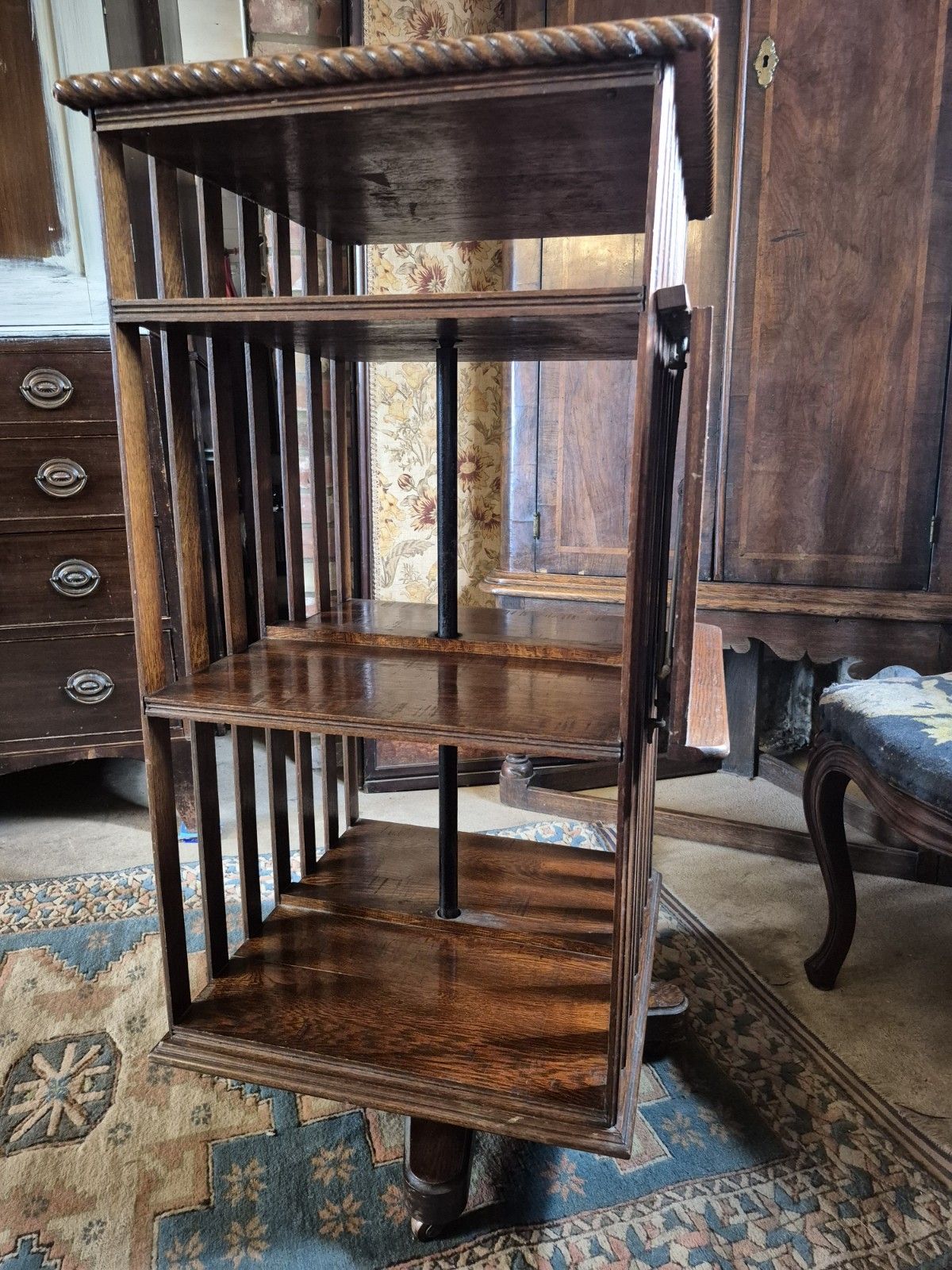 Epic Revolving Vintage Edwardian Oak Library Bookcase With Folding Reading Stand photo for sale