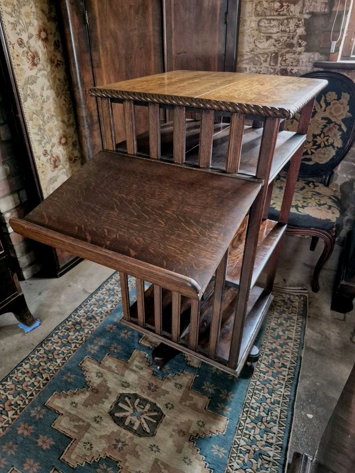 Epic Revolving Vintage Edwardian Oak Library Bookcase With Folding Reading Stand photo Furniture
