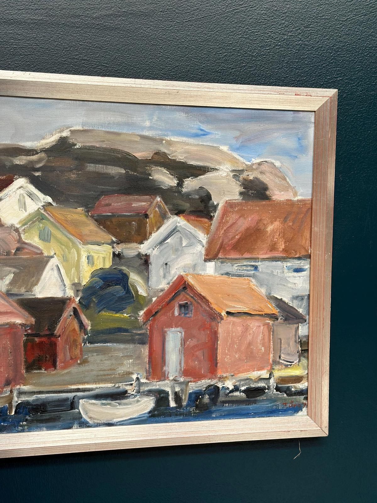 345.0 Original Mid Century Swedish Oil On Canvas – “Coastal Village” By Tryggve örn  Vintage & Framed – 59.5 × 50.5 Cm (23.4" × 19.9") photo