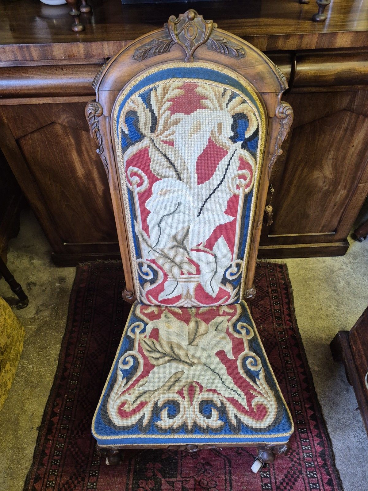 photo buy Fab Victorian Gothic Walnut Tapestry & Velvet Upholstered Prie Dieu Prayer Chair