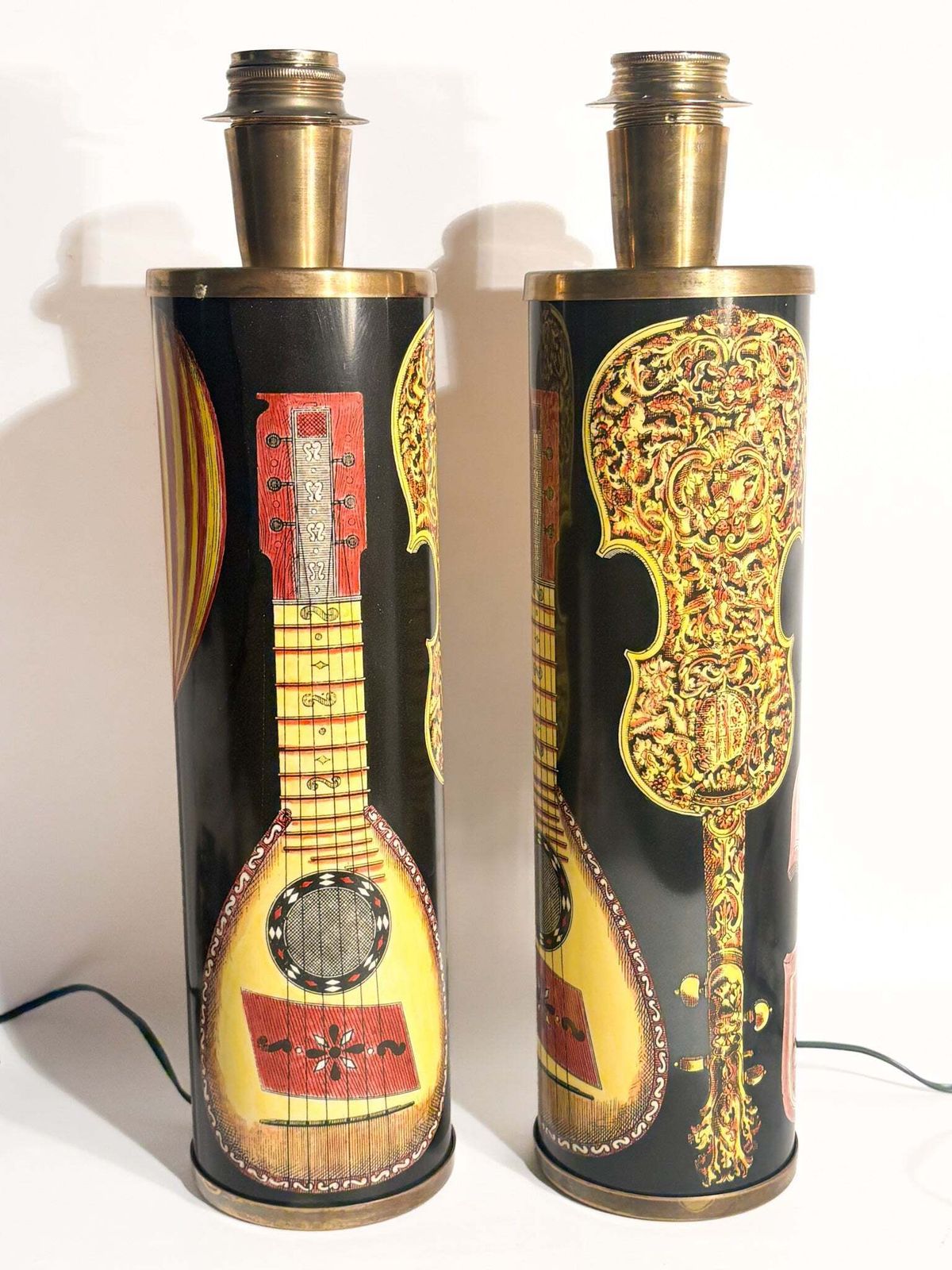 Pair Of Cylindrical Lamps With Musical Instruments By Piero Fornasetti, 1950s