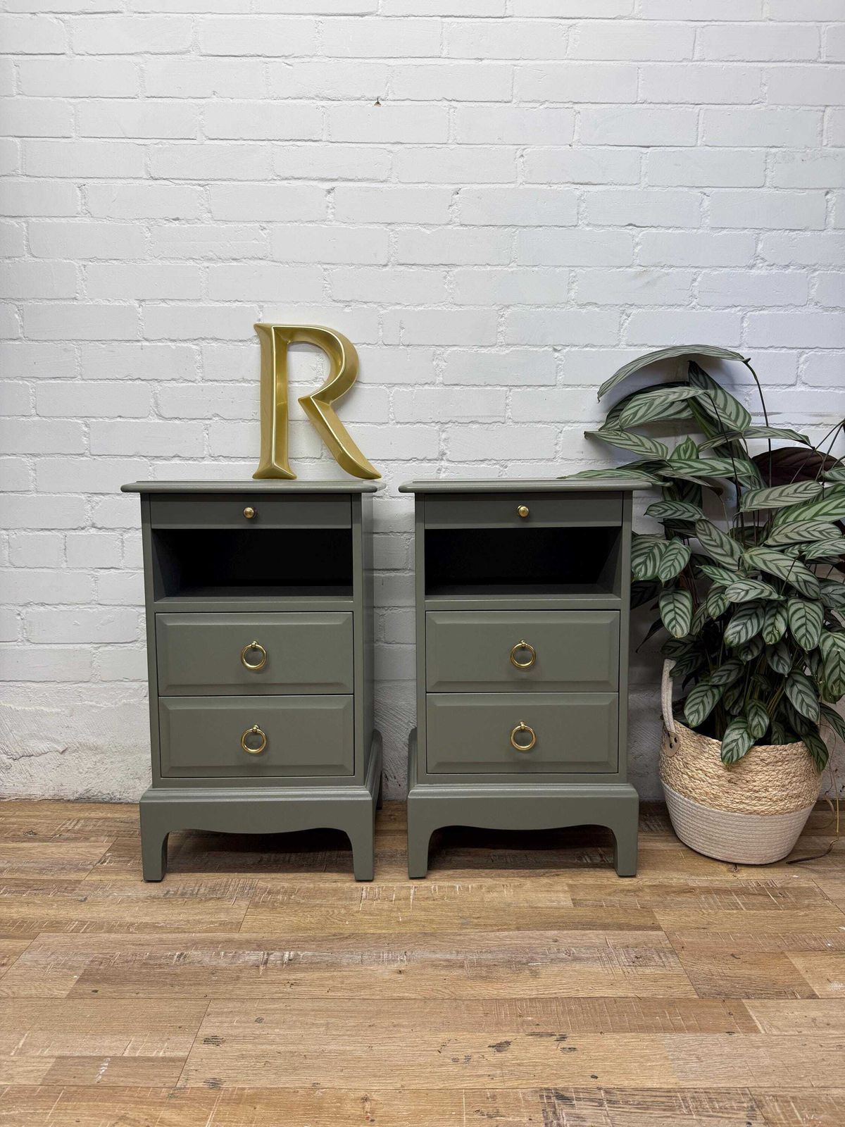 Stag Minstrel Bedside Tables Pair Painted Hornblende Green | Tall Narrow Nightstands