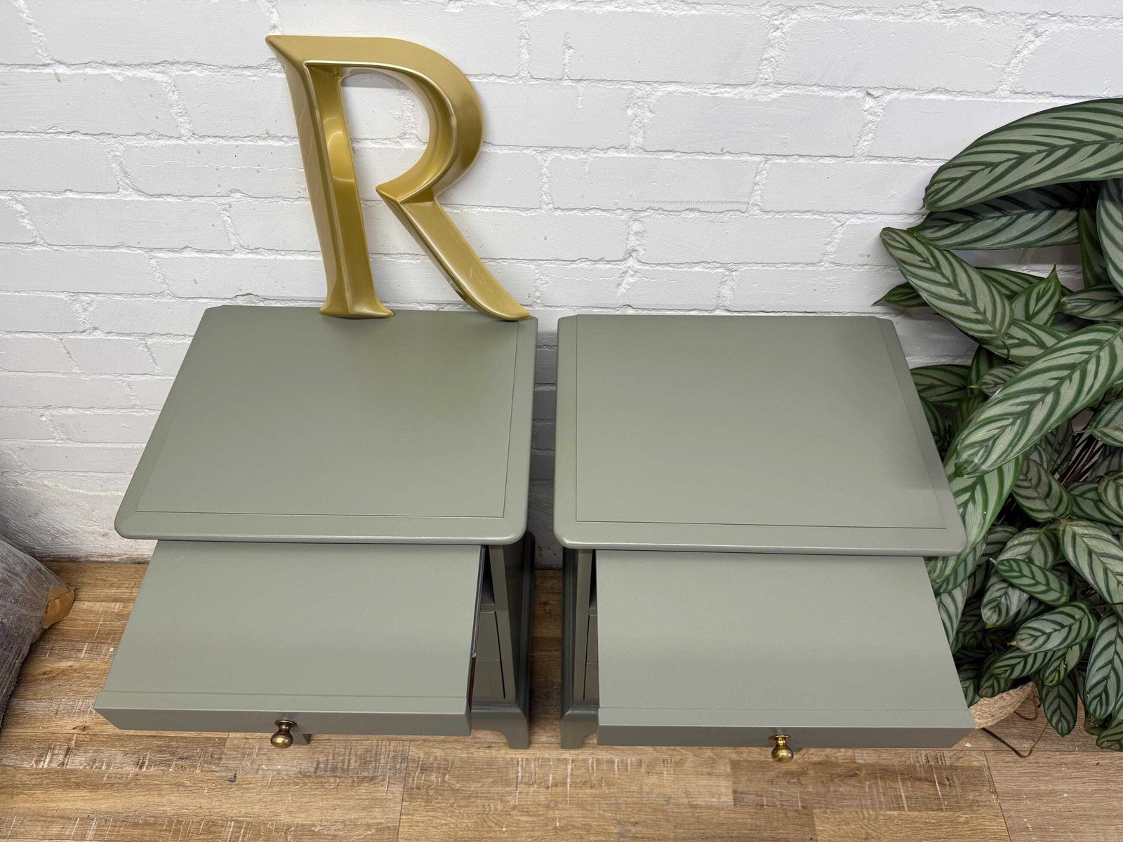 Stag Minstrel Bedside Tables Pair Painted Hornblende Green | Tall Narrow Nightstands photo Furniture