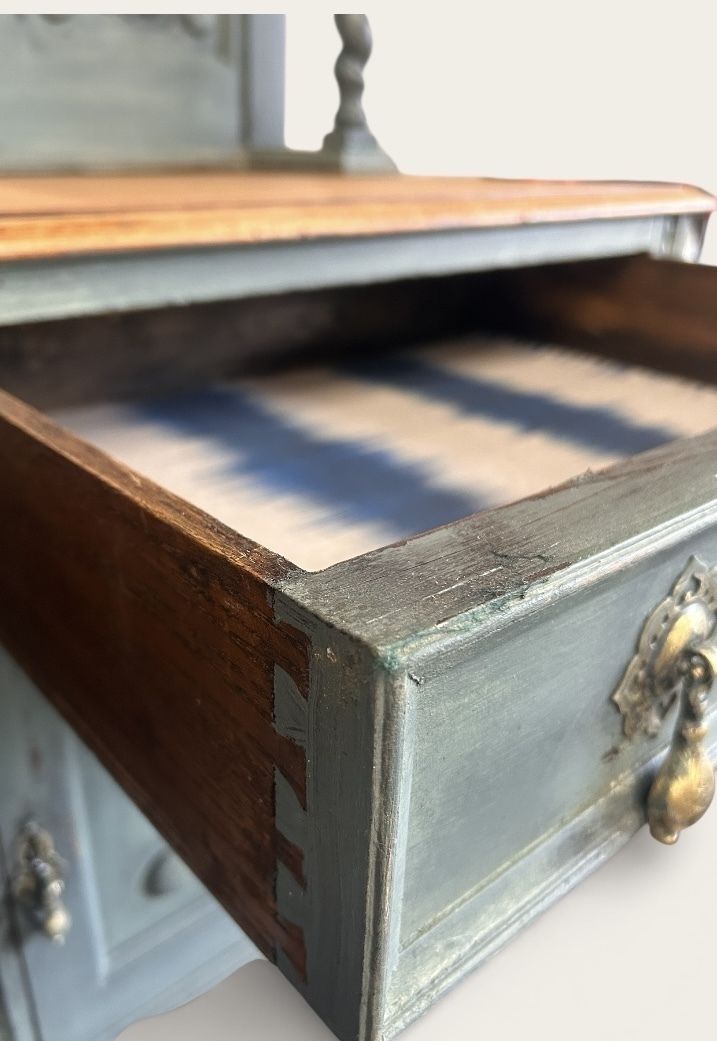Antique Painted Oak Dresser With Barley Twist Columns, Mirror Back & Warner House–Lined Drawers photo for sale