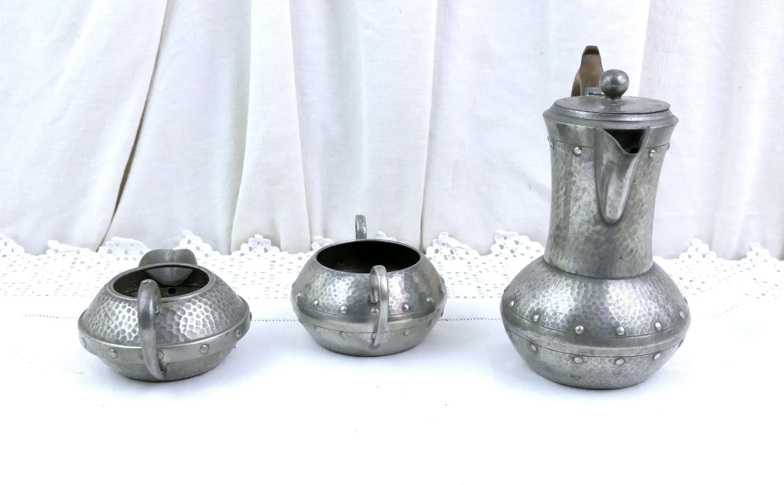 Antique English Hand Beaten Pewter Coffee Set With Pot Creamer And Sugar Bowl By W & Co, Arts And Crafts Style Victorian Tea Set England photo furniture