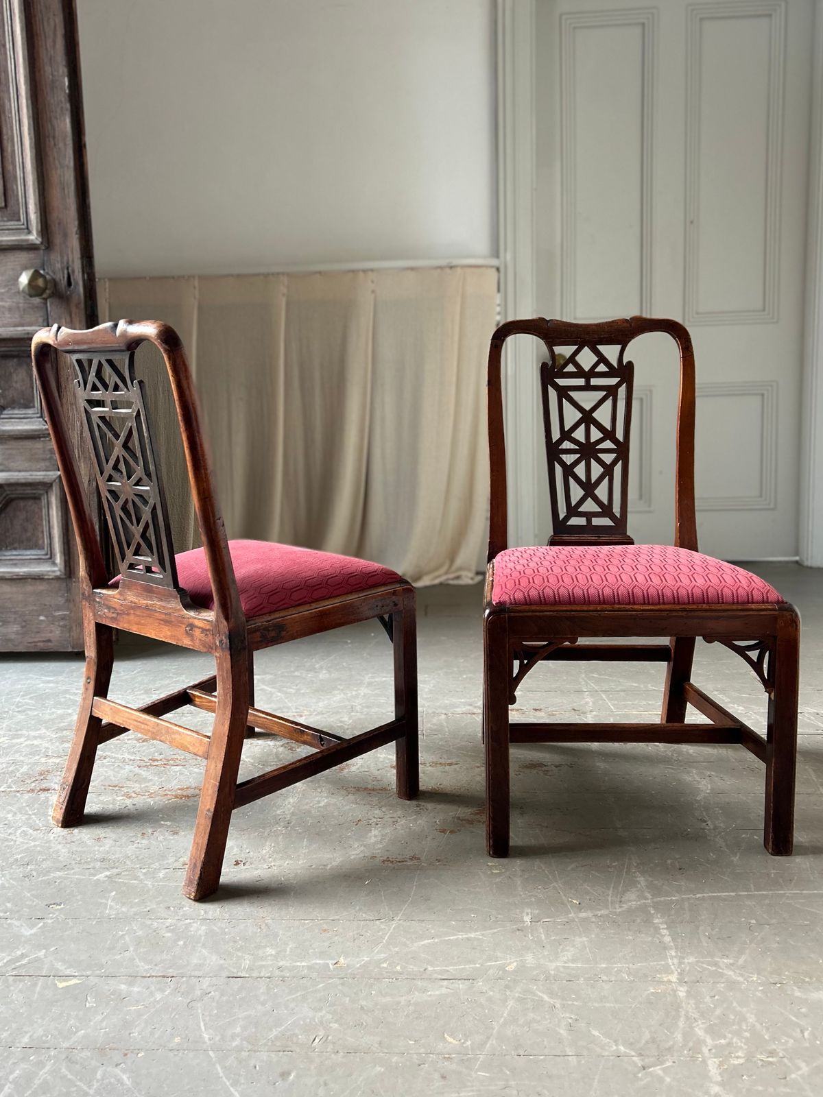Pair Of 18th Century Chinese Chippendale Side Chairs In Fruitwood photo Furniture
