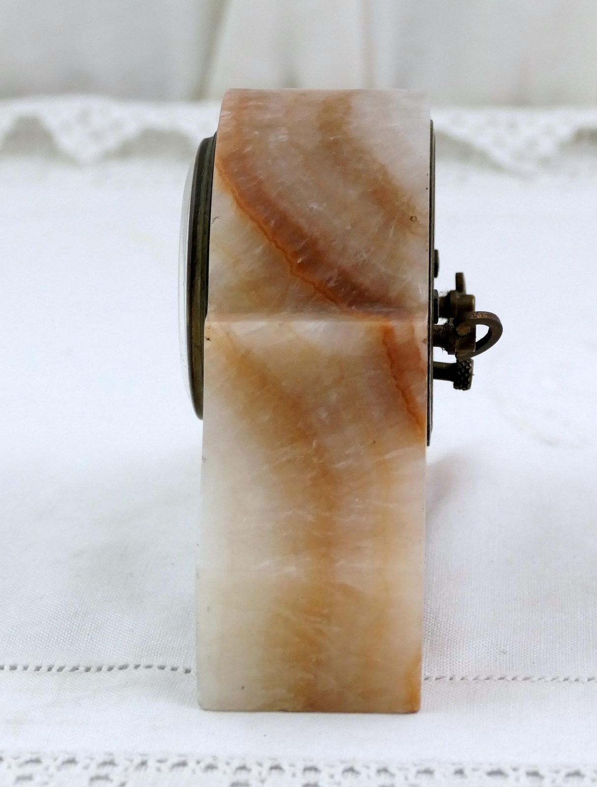 Small Antique Art Deco 1930s Peach Colored Veined Marble Stone Wind Up Mechanical Mantle Clock France In Need Of Repair, French Old Clock photo for sale
