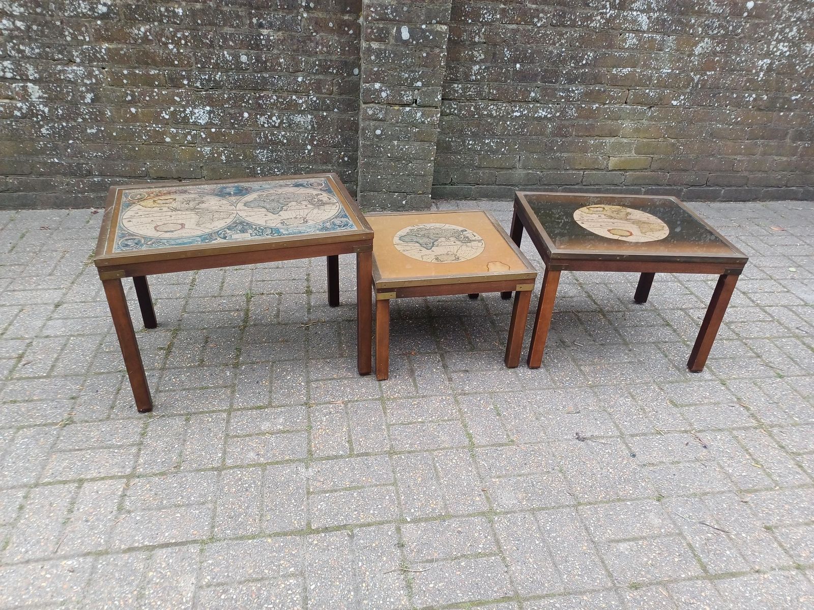 Vintage 1980s Teak Brass Glass Nest Of 3 Map Tables Coffee Side Tables World Map Mid Century Style Retro Furniture photo 395.0