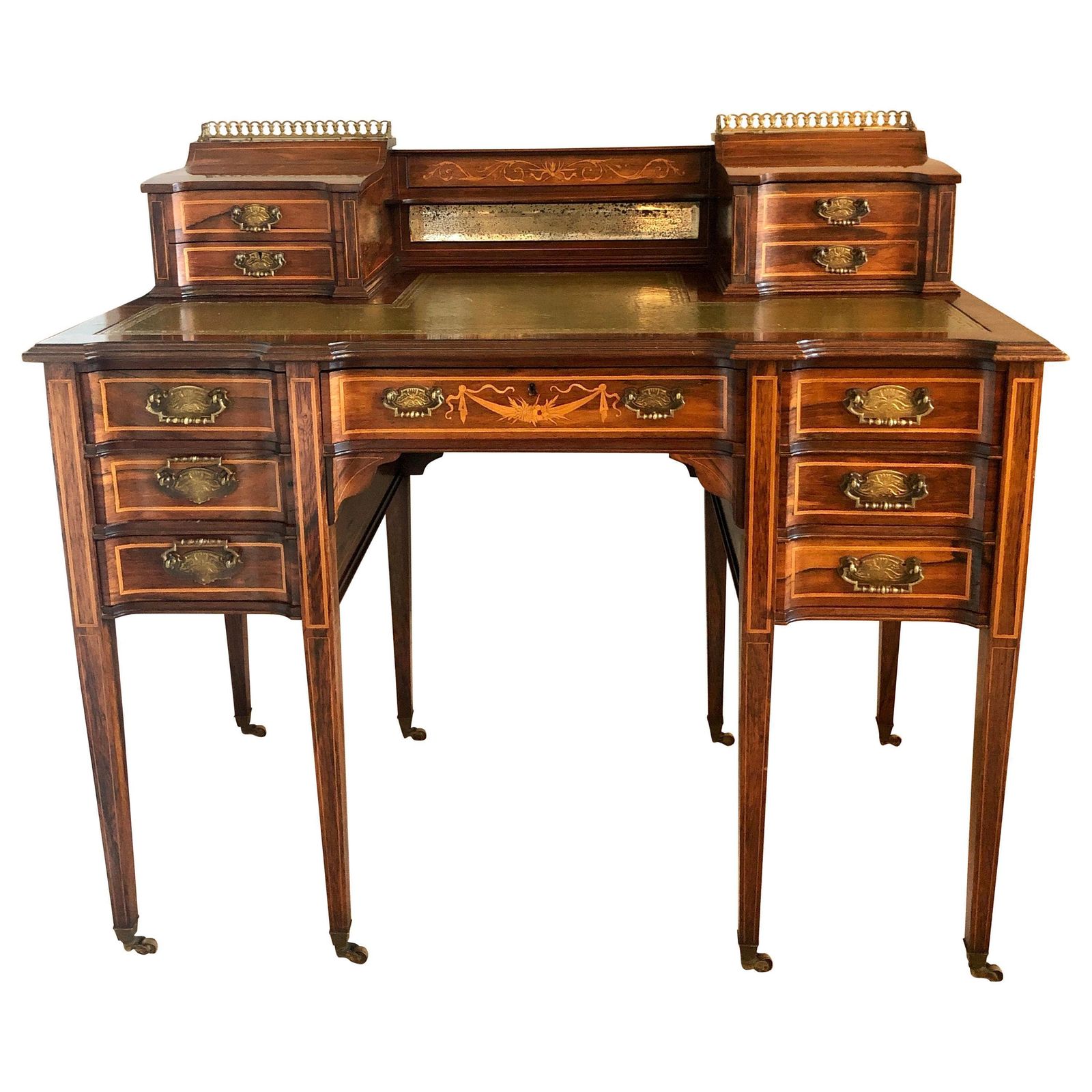 Fine Quality Antique Victorian Freestanding Maple & Co. Inlaid Writing Desk