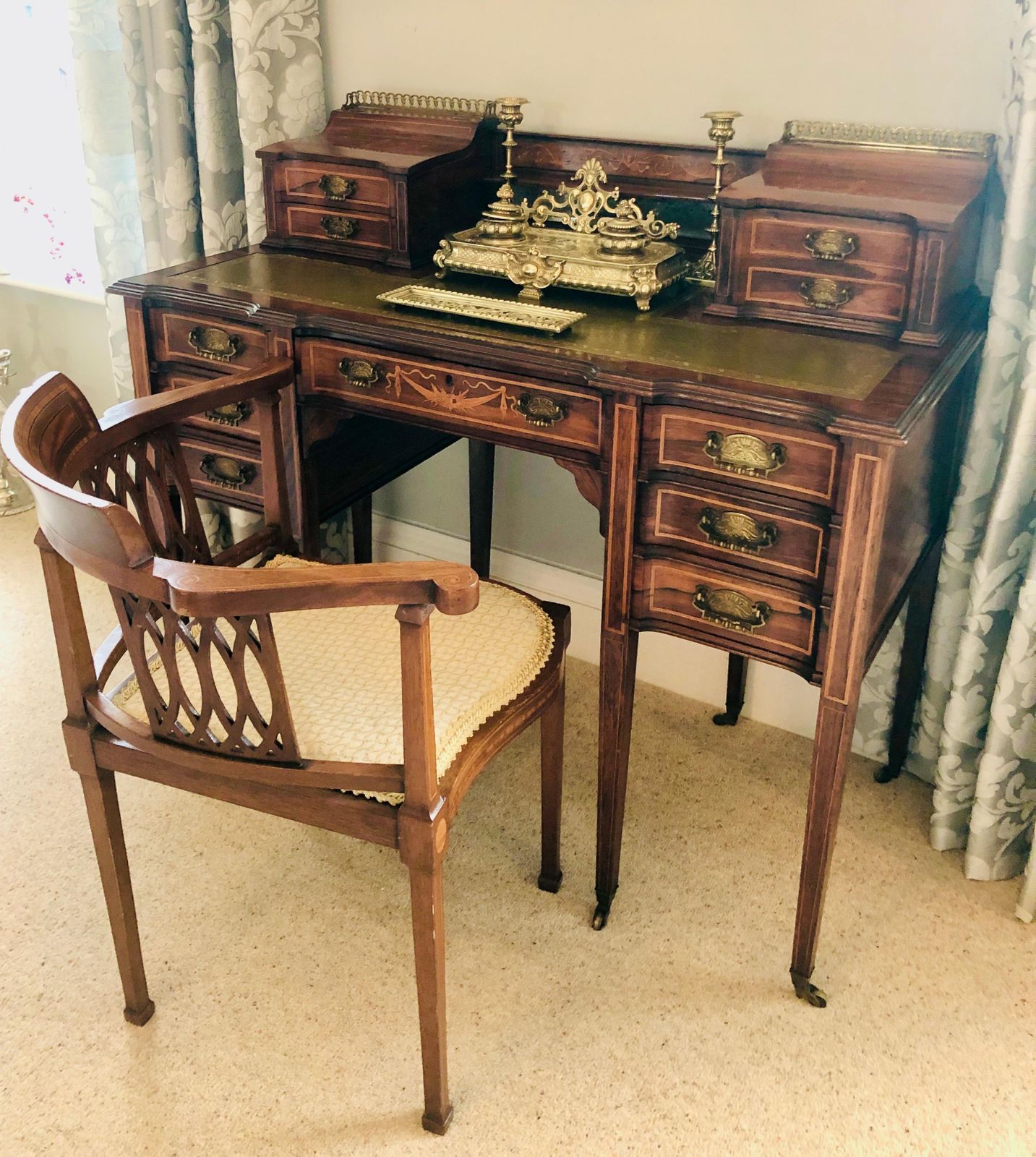 Fine Quality Antique Victorian Freestanding Maple & Co. Inlaid Writing Desk photo Furniture