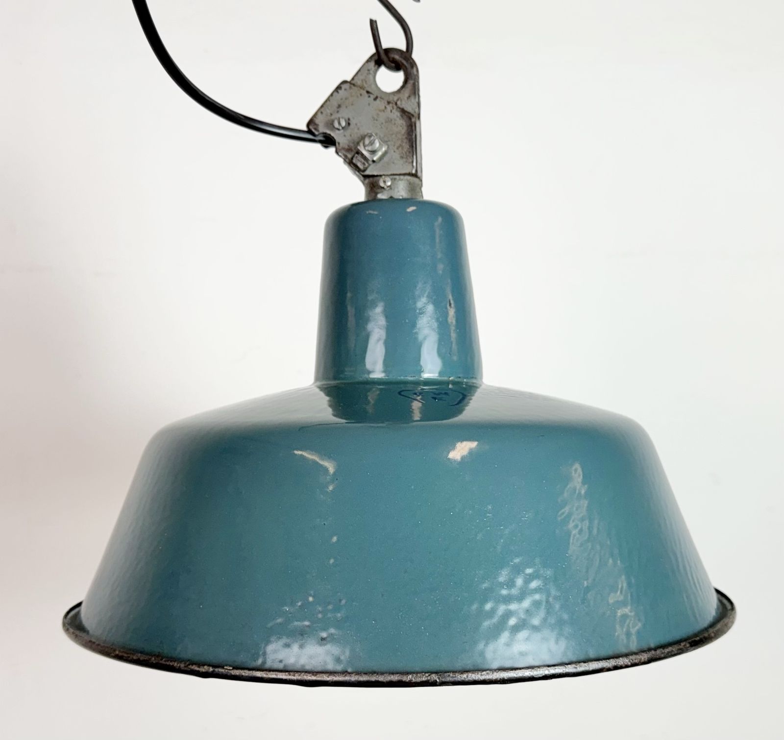 Industrial Petrol Enamel Factory Lamp With Cast Iron Top, 1960s, 10 X photo for sale