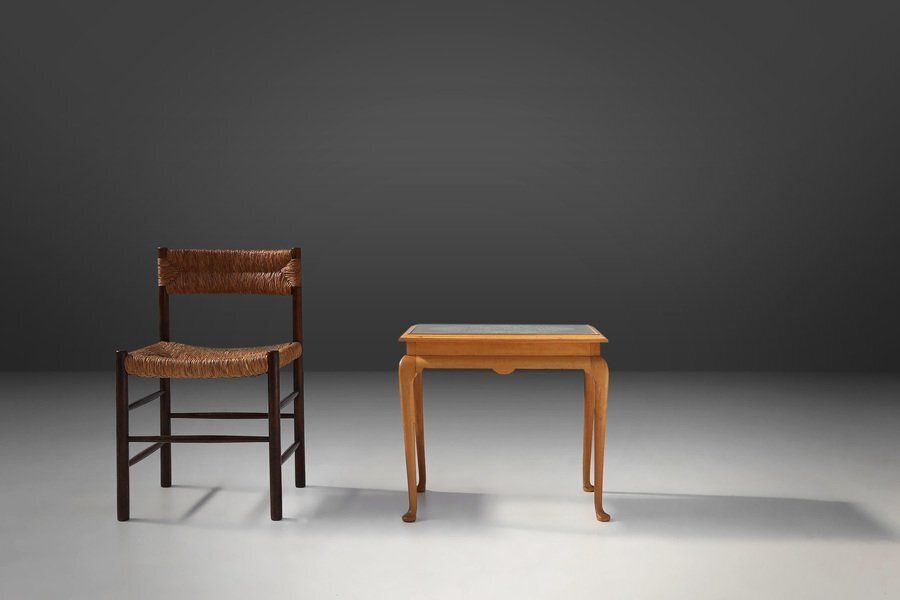 photo furniture Side Table In Beech With Lace Inlay And Glass Top, France, 1950s