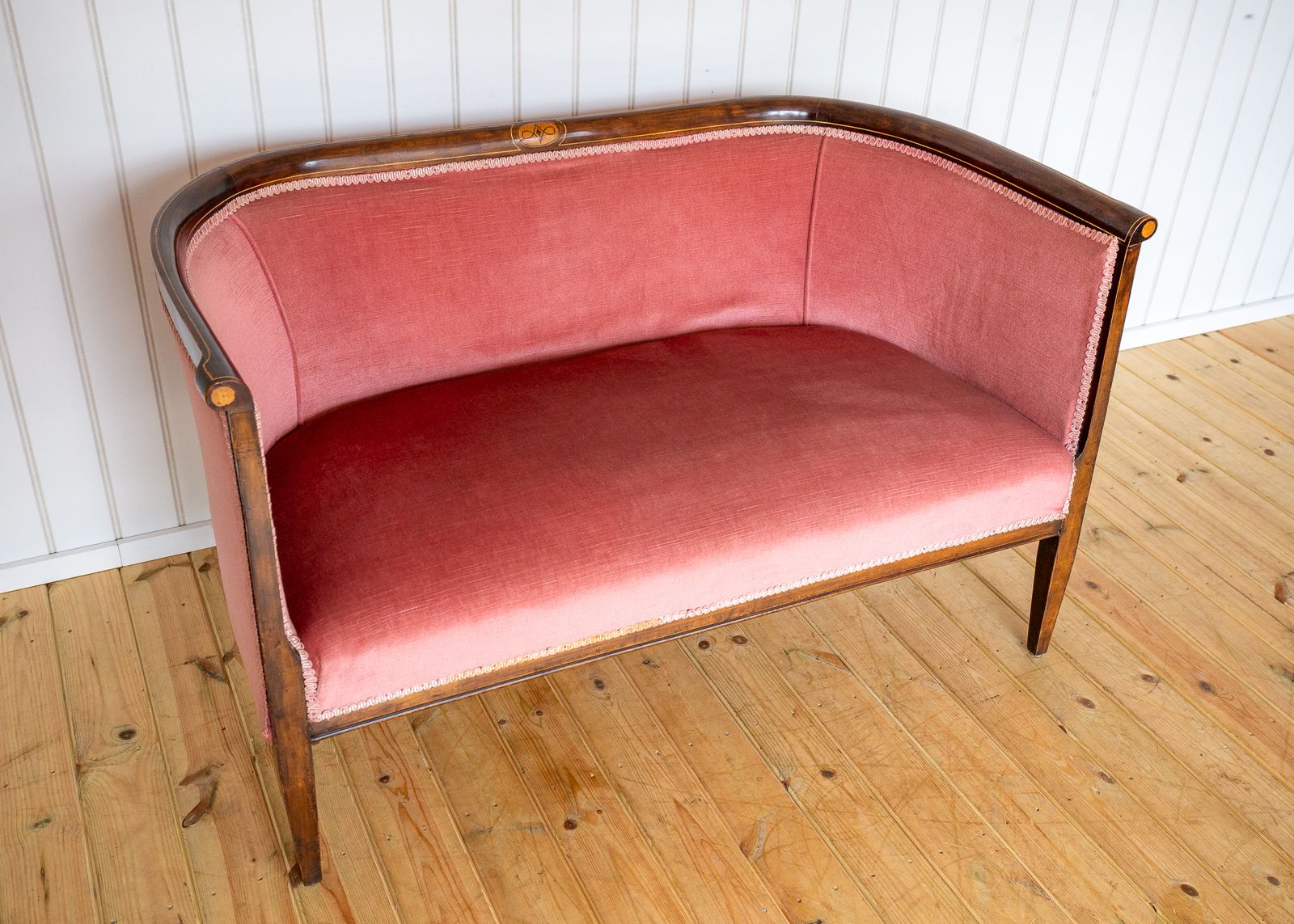 Edwardian Mahogany Settee Barrel Back Pink Inlaid Tub Antiqu.E Art Nouvea.U 1910 Two Seater Sofa photo vinterior