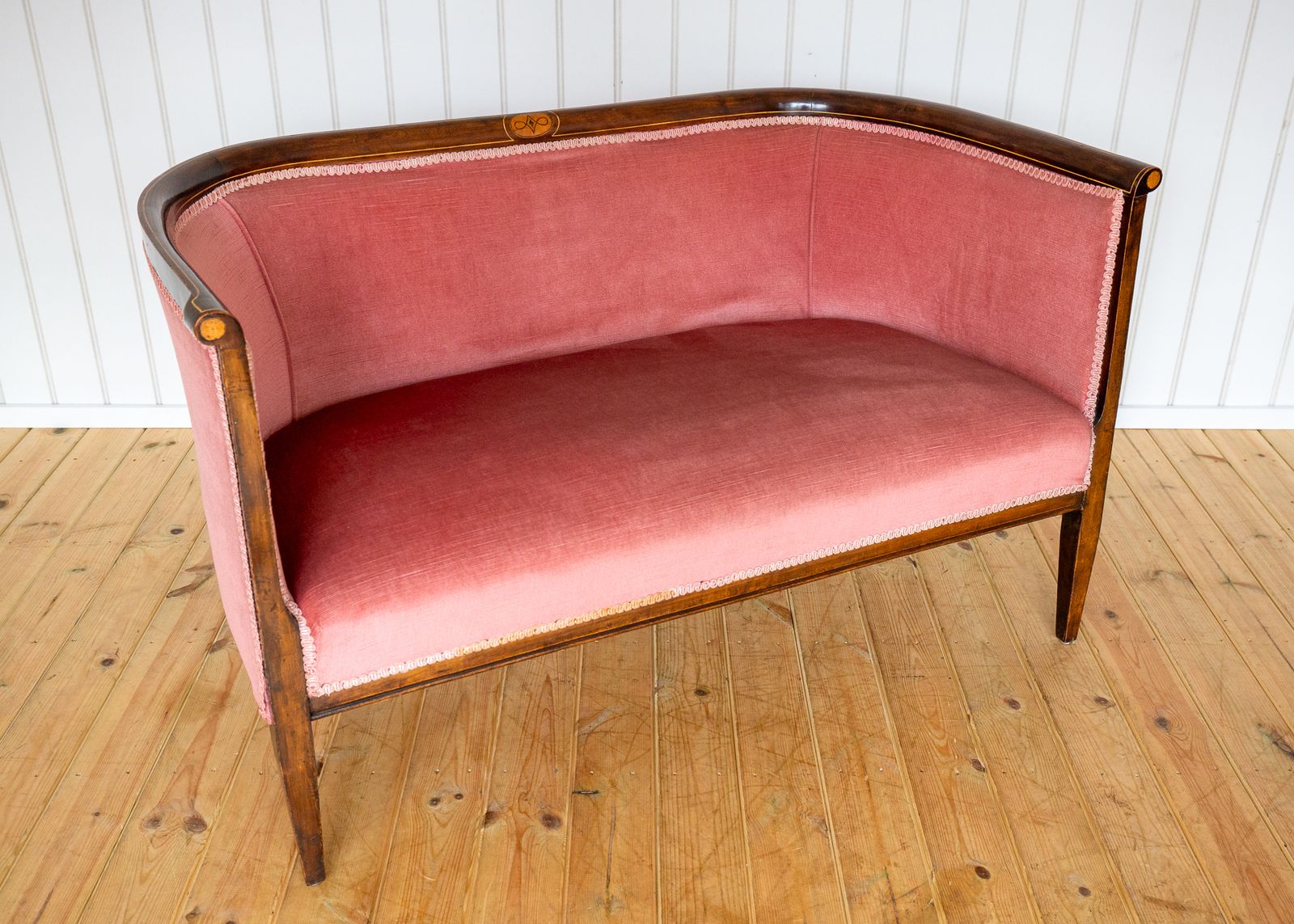 Furniture Edwardian Mahogany Settee Barrel Back Pink Inlaid Tub Antiqu.E Art Nouvea.U 1910 Two Seater Sofa photo