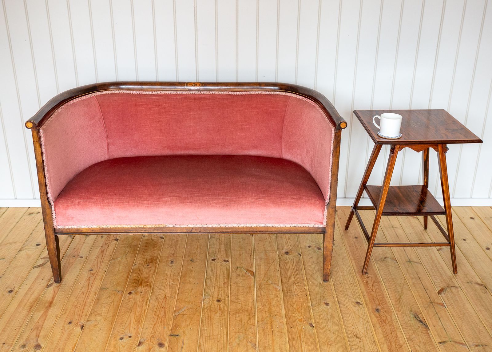 Edwardian Mahogany Settee Barrel Back Pink Inlaid Tub Antiqu.E Art Nouvea.U 1910 Two Seater Sofa photo Furniture