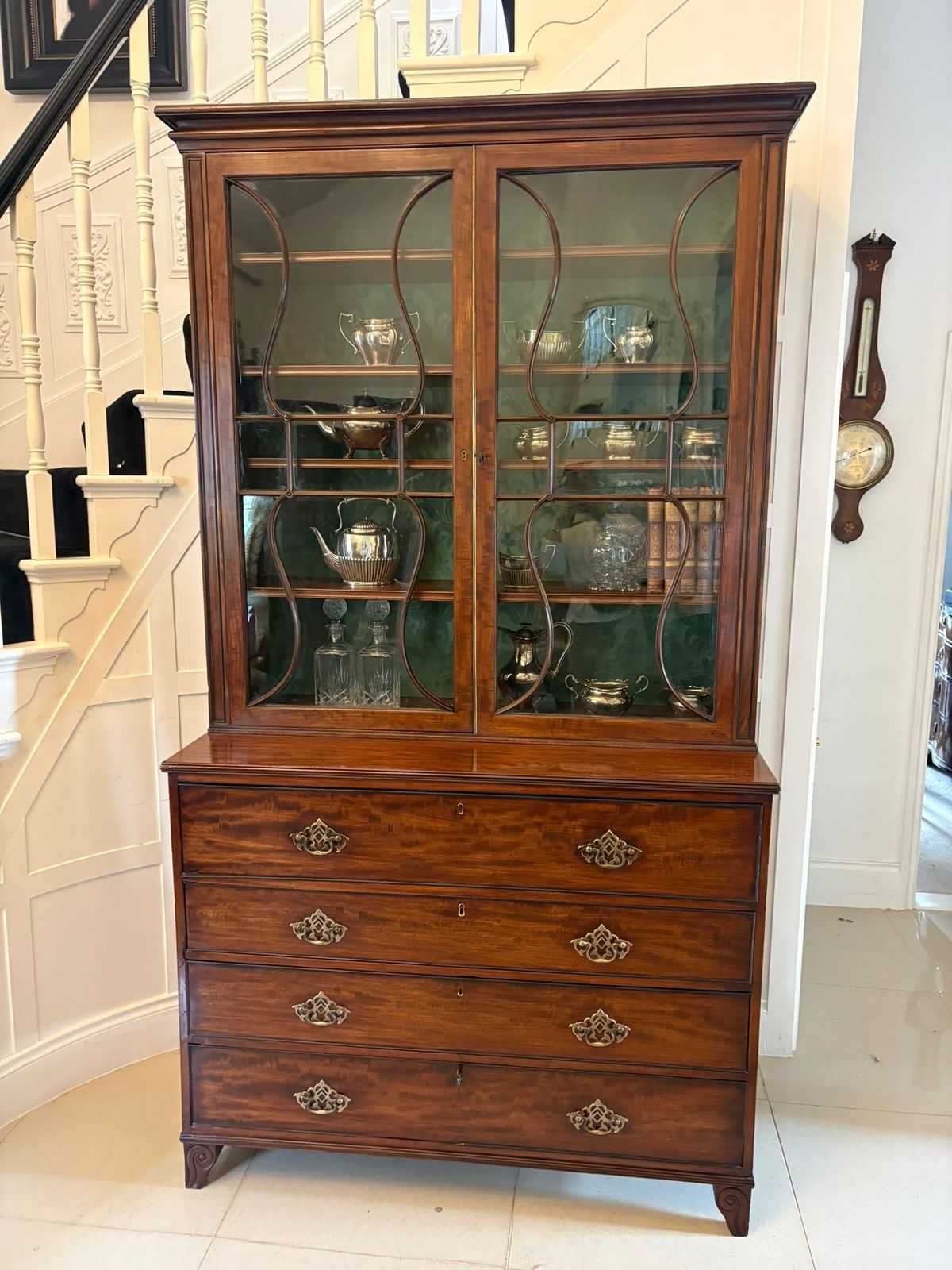 Antique Regency Figured Mahogany Secretaire Bookcase With Glazed Doors And Fitted Interior photo furniture