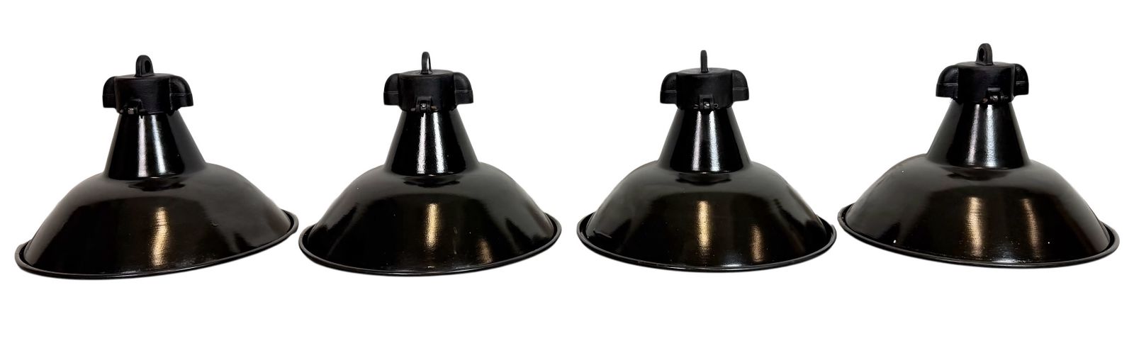 Set Of 4 Industrial Black Enamel Factory Lamps With Cast Iron Top, 1950s, 49x