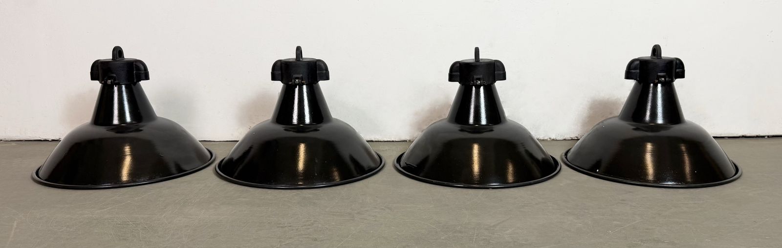 Set Of 4 Industrial Black Enamel Factory Lamps With Cast Iron Top, 1950s, 49x photo furniture