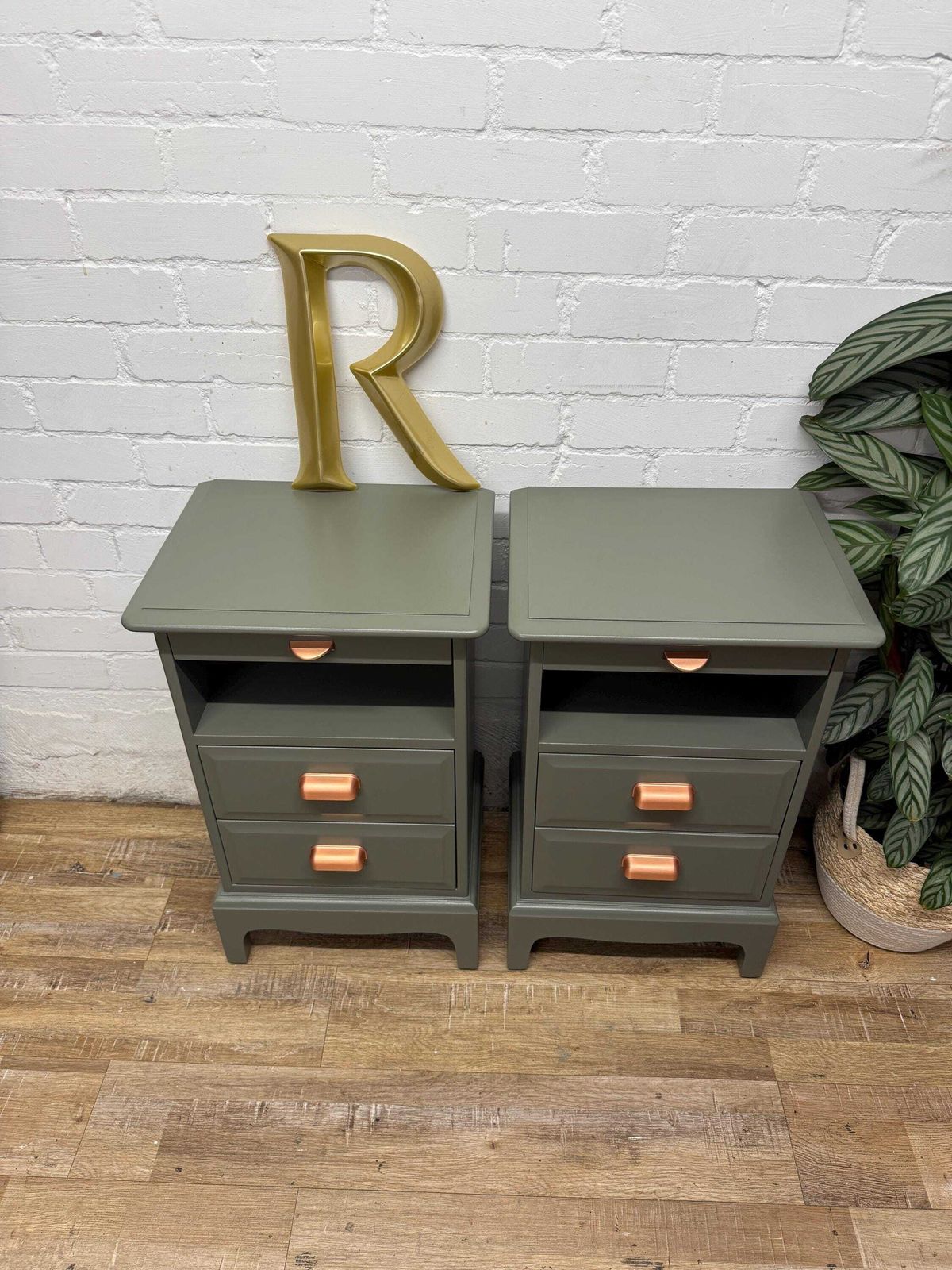 Stag Minstrel Bedside Tables Pair Painted Hornblende Green With Copper Handles | Tall Narrow Nightstands photo for sale