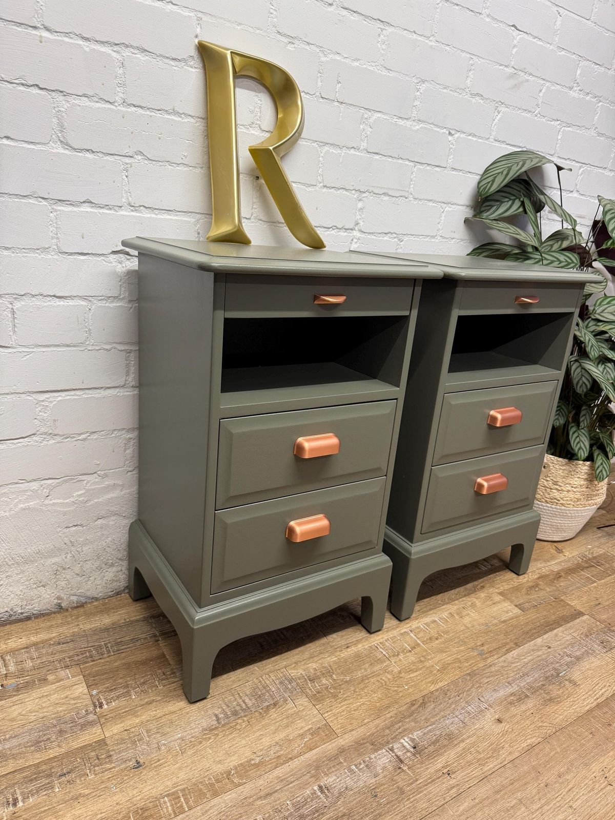 Stag Minstrel Bedside Tables Pair Painted Hornblende Green With Copper Handles | Tall Narrow Nightstands photo Furniture