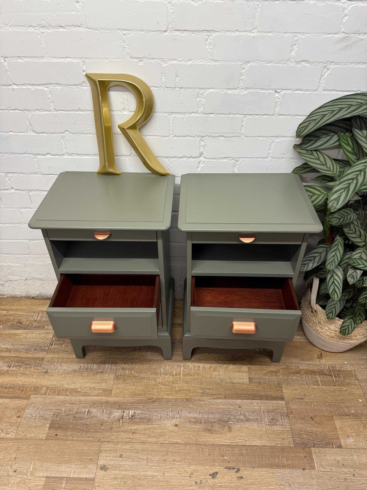750.0 Stag Minstrel Bedside Tables Pair Painted Hornblende Green With Copper Handles | Tall Narrow Nightstands photo