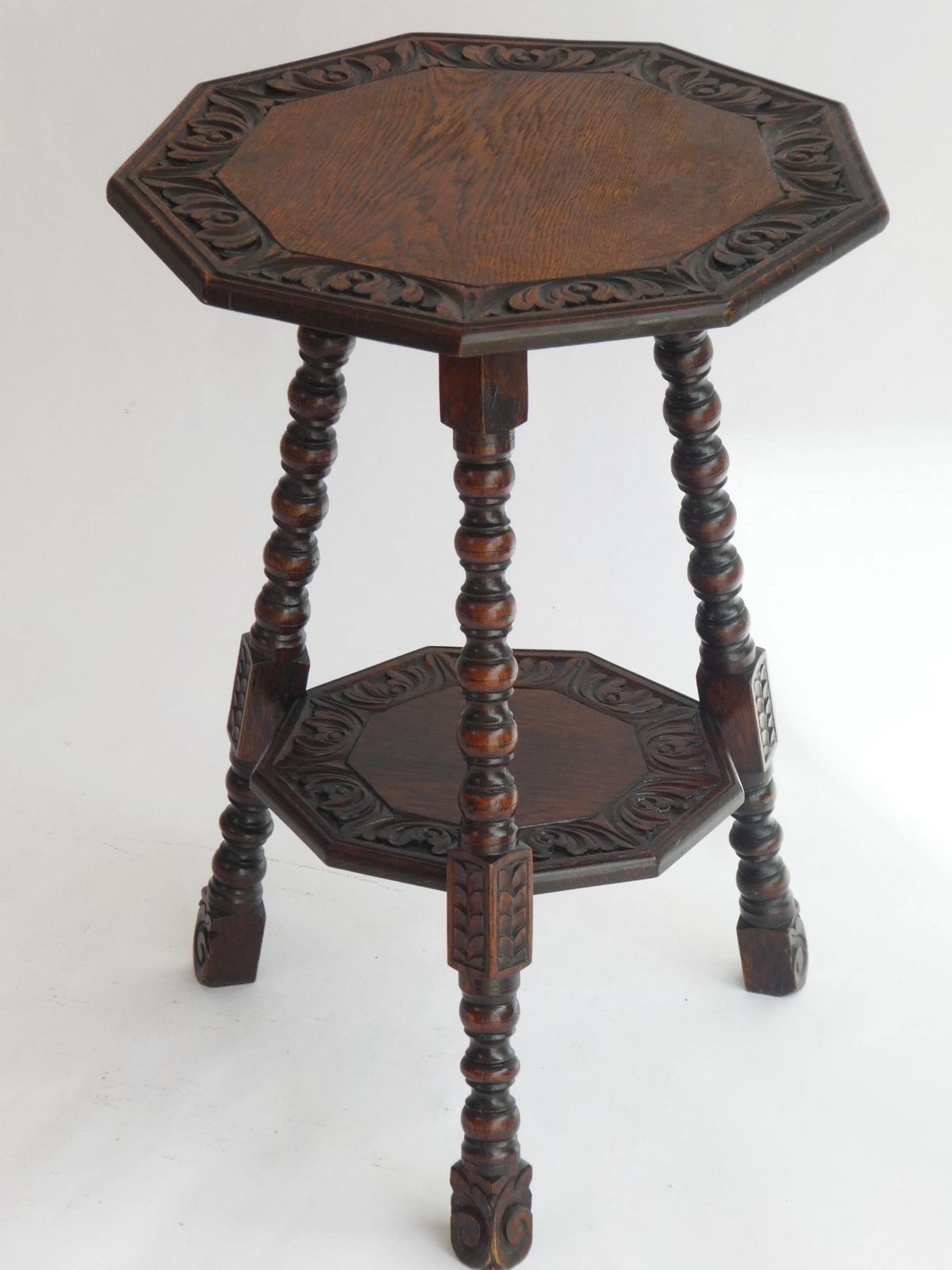 Antique Wooden Table Bobbin Legs, Tripod Side Table With Floral Carvings And Twisted Legs, Plant Stand, Farmhouse Decor photo furniture
