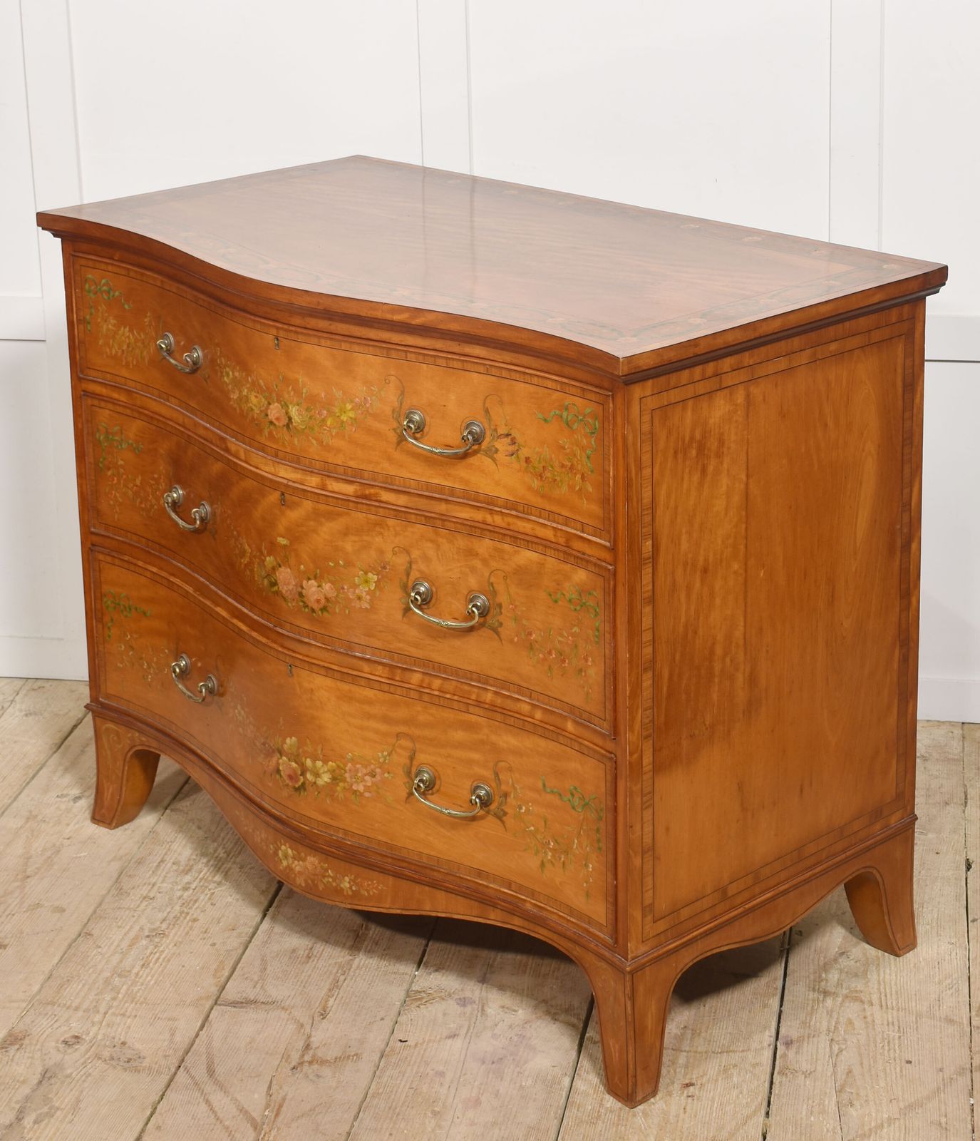 photo for sale Sheraton Revival Satinwood Serpentine Chest Of Drawers